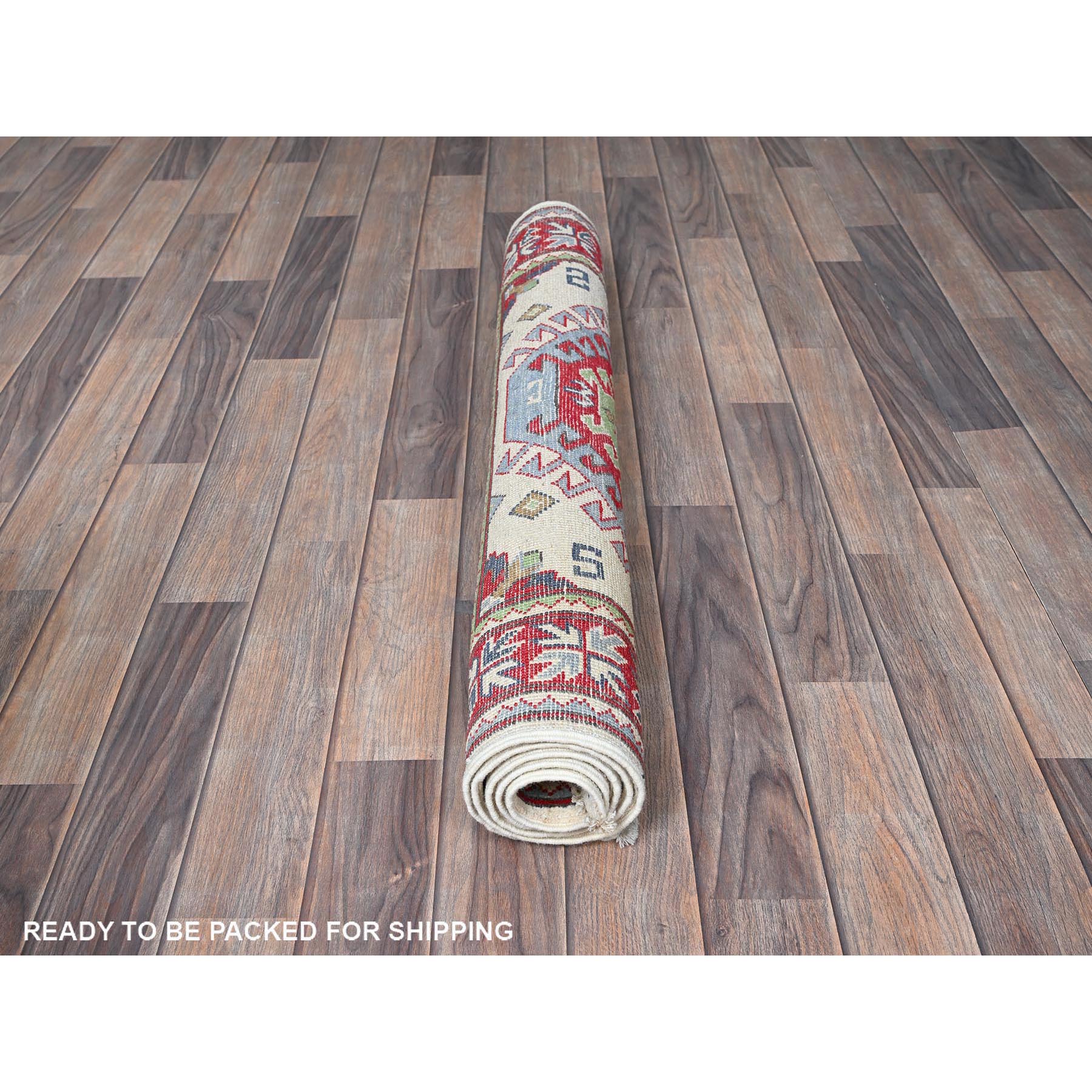 3'3"x4'10" Alabaster White, Kazak with Geometric Medallions Design, Soft and Vibrant Wool, Hand Knotted, Vegetable Dyes, Denser Weave, Oriental Rug Sh416