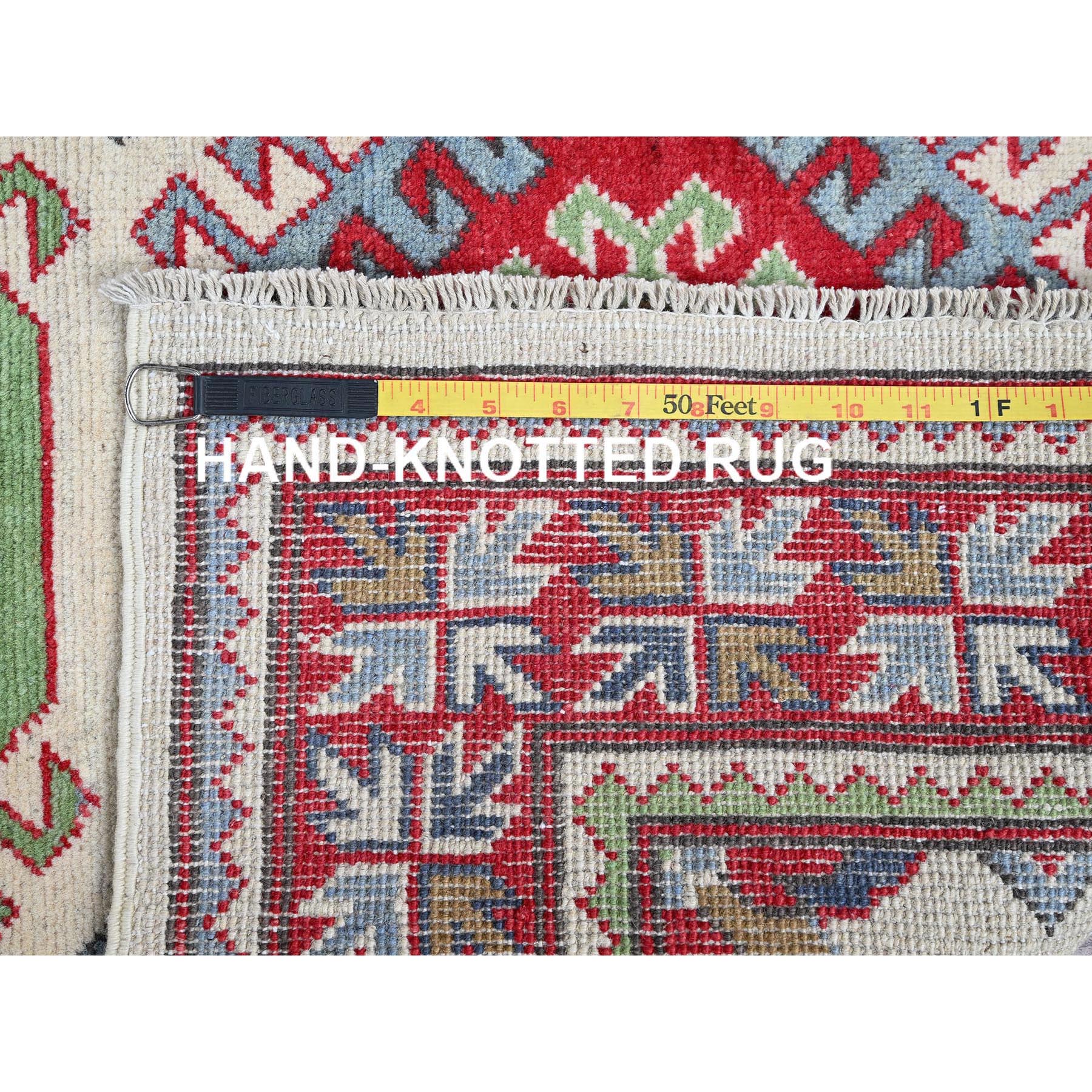 3'3"x4'10" Alabaster White, Kazak with Geometric Medallions Design, Soft and Vibrant Wool, Hand Knotted, Vegetable Dyes, Denser Weave, Oriental Rug Sh416