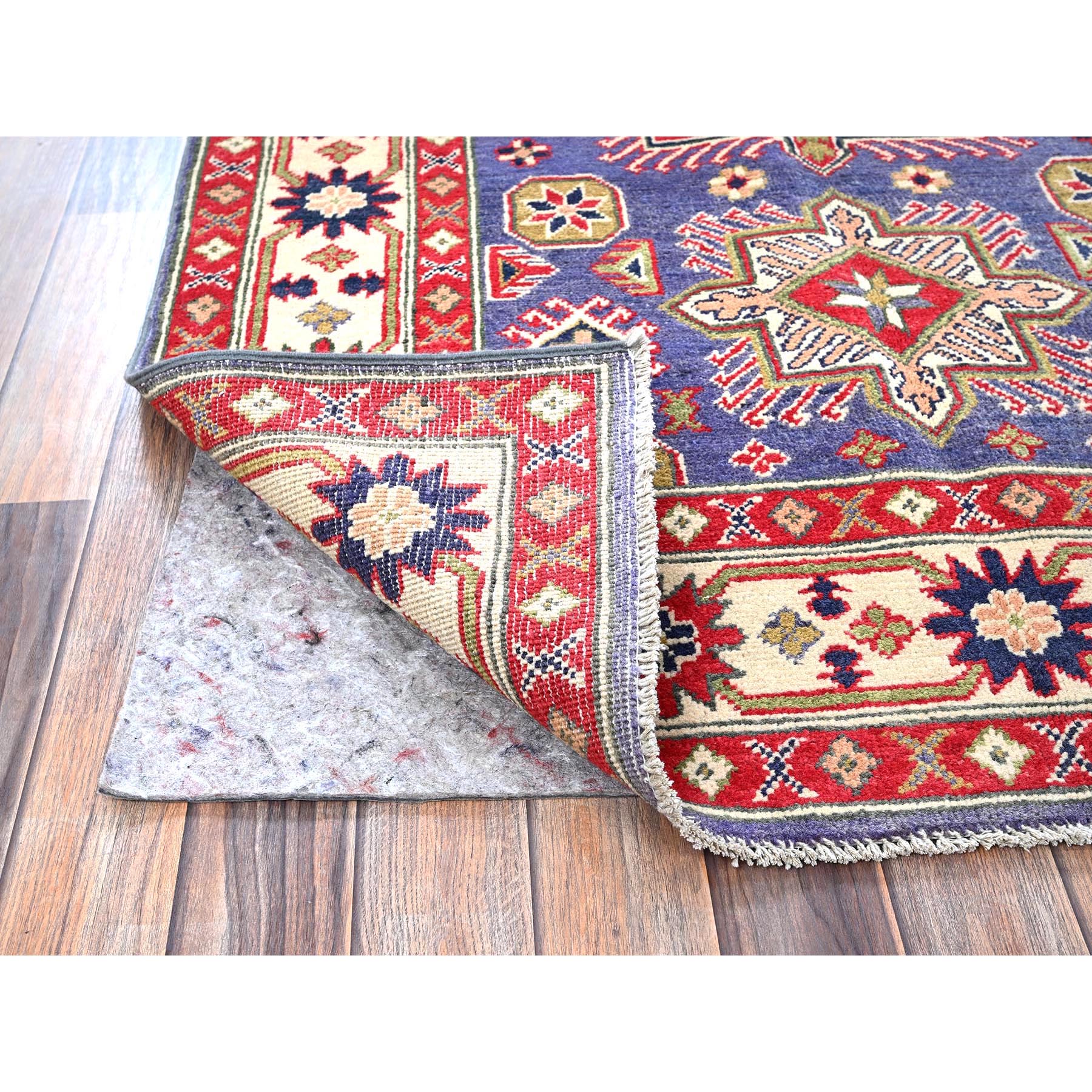 4'x6'1" Iris Purple, Kazak with Geometric Medallions Design, Hand Knotted, Soft and Shiny Wool, Vegetable Dyes, Denser Weave, Oriental Rug Sh417