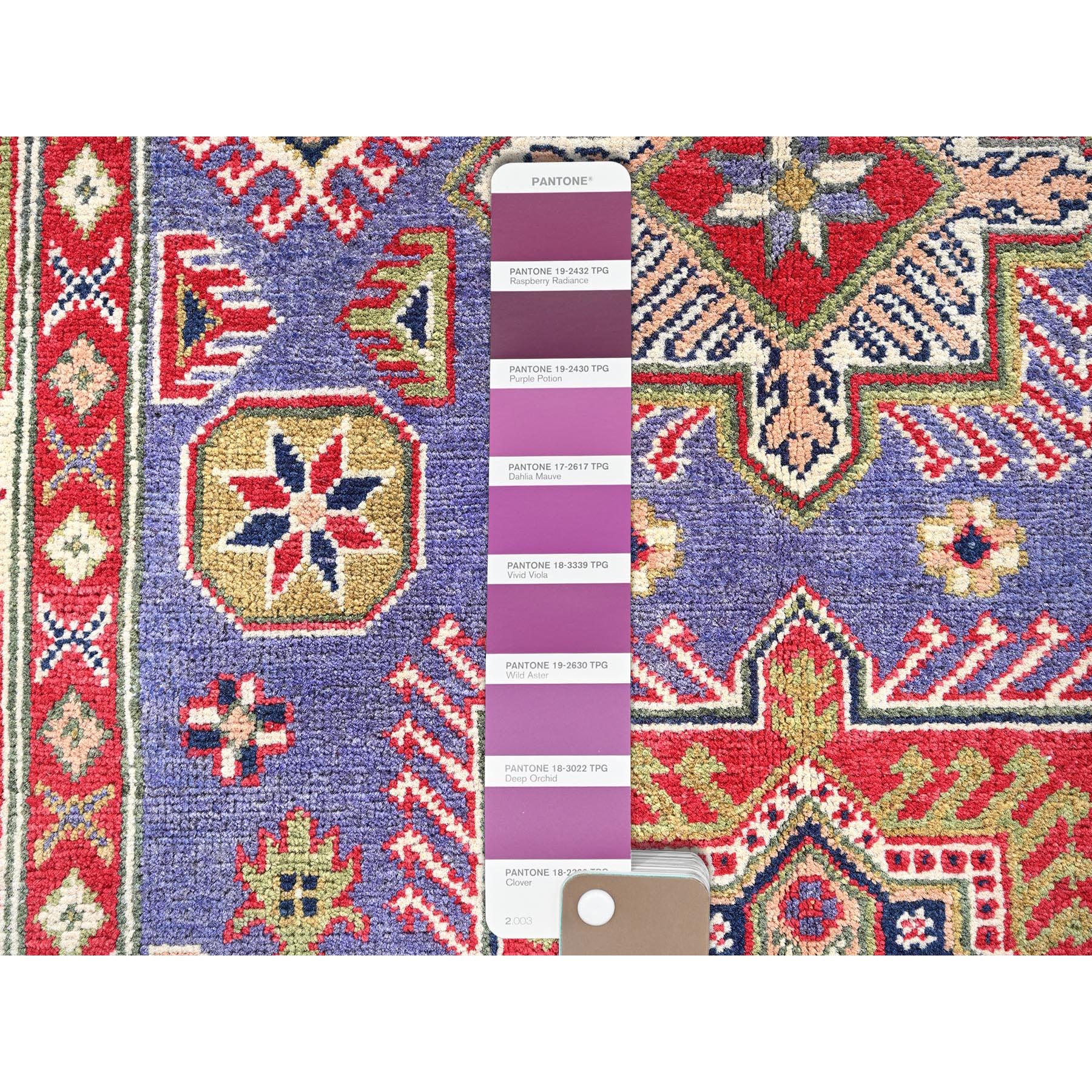 4'x6'1" Iris Purple, Kazak with Geometric Medallions Design, Hand Knotted, Soft and Shiny Wool, Vegetable Dyes, Denser Weave, Oriental Rug Sh417