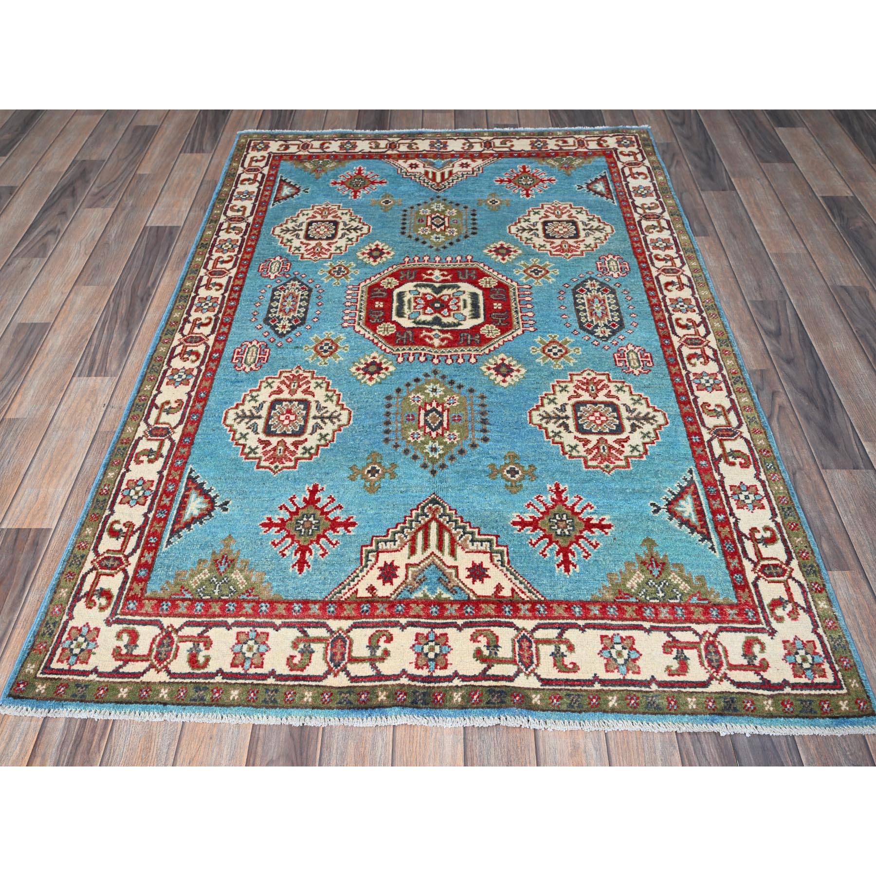 4'x6' Baby Blue, Kazak with Geometric Medallions Design, Hand Knotted, Soft and Shiny Wool, Natural Dyes, Denser Weave, Oriental Rug Sh418