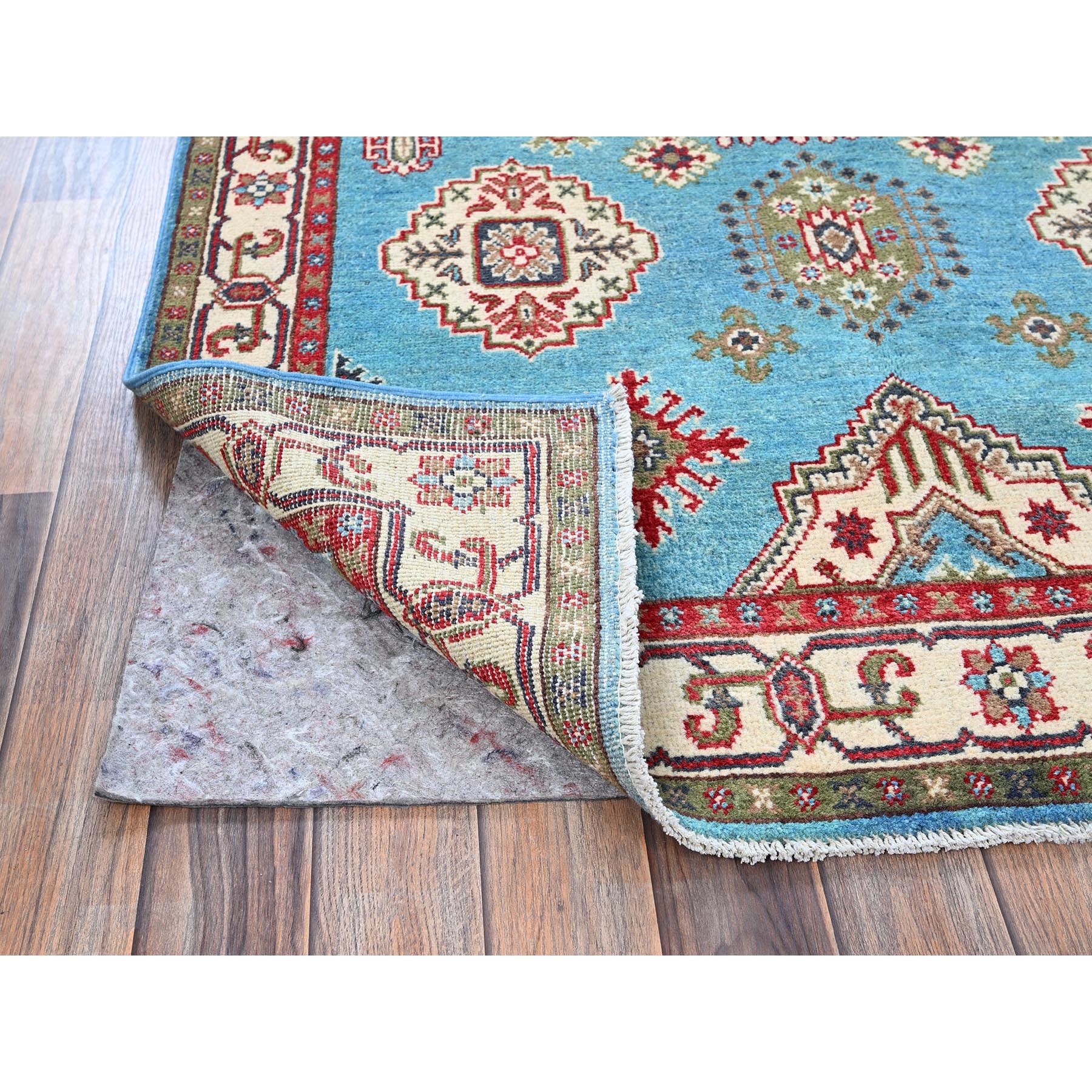 4'x6' Baby Blue, Kazak with Geometric Medallions Design, Hand Knotted, Soft and Shiny Wool, Natural Dyes, Denser Weave, Oriental Rug Sh418