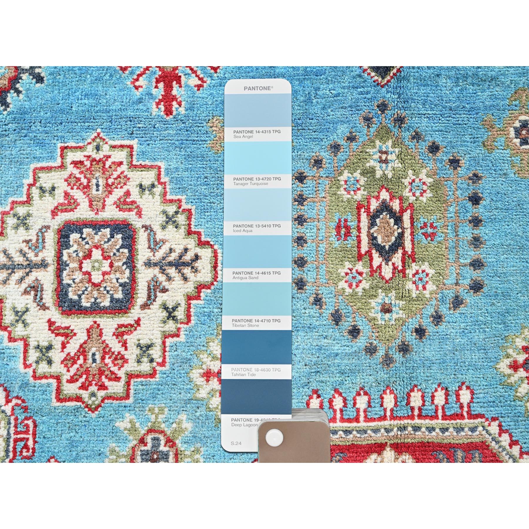 4'x6' Baby Blue, Kazak with Geometric Medallions Design, Hand Knotted, Soft and Shiny Wool, Natural Dyes, Denser Weave, Oriental Rug Sh418