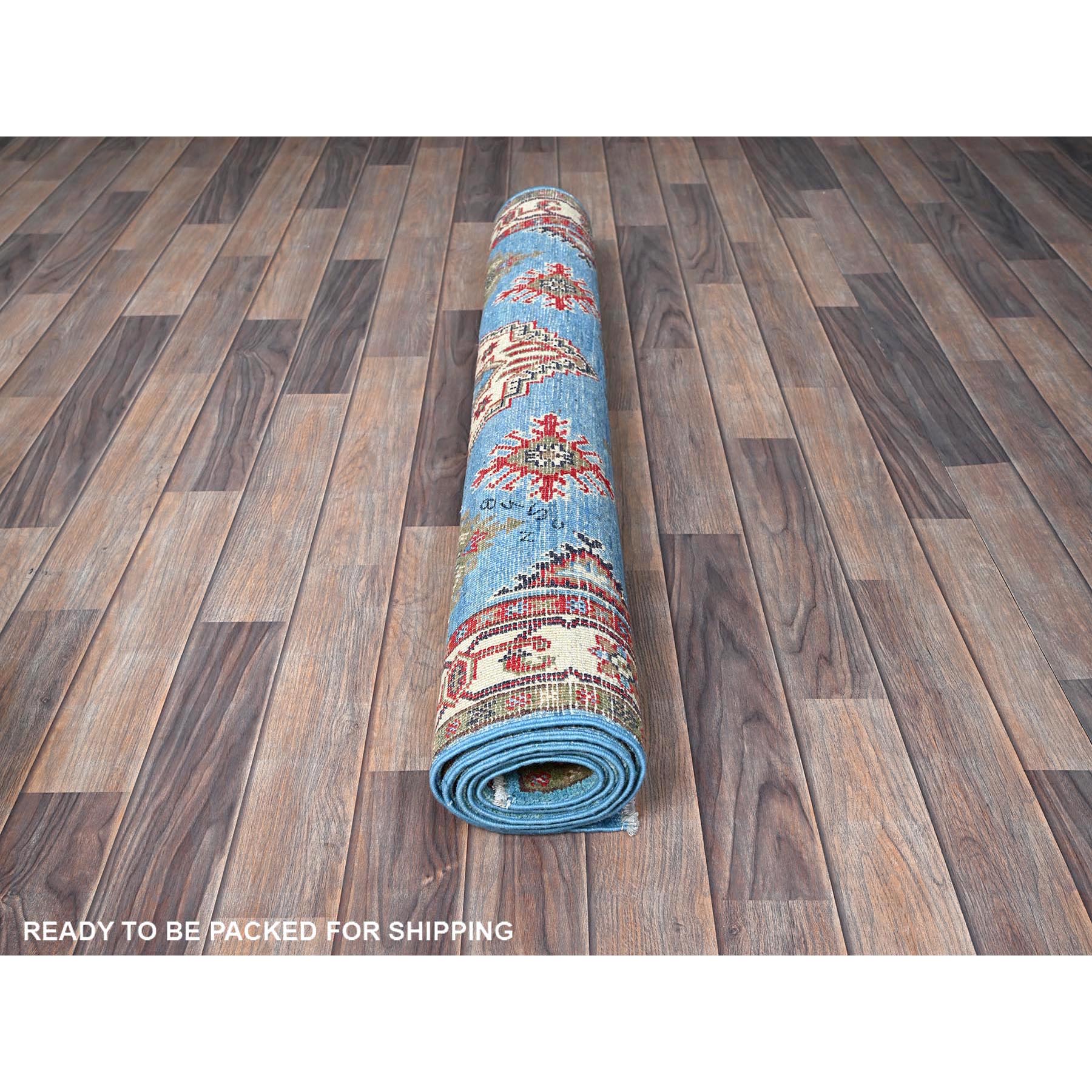 4'x6' Baby Blue, Kazak with Geometric Medallions Design, Hand Knotted, Soft and Shiny Wool, Natural Dyes, Denser Weave, Oriental Rug Sh418