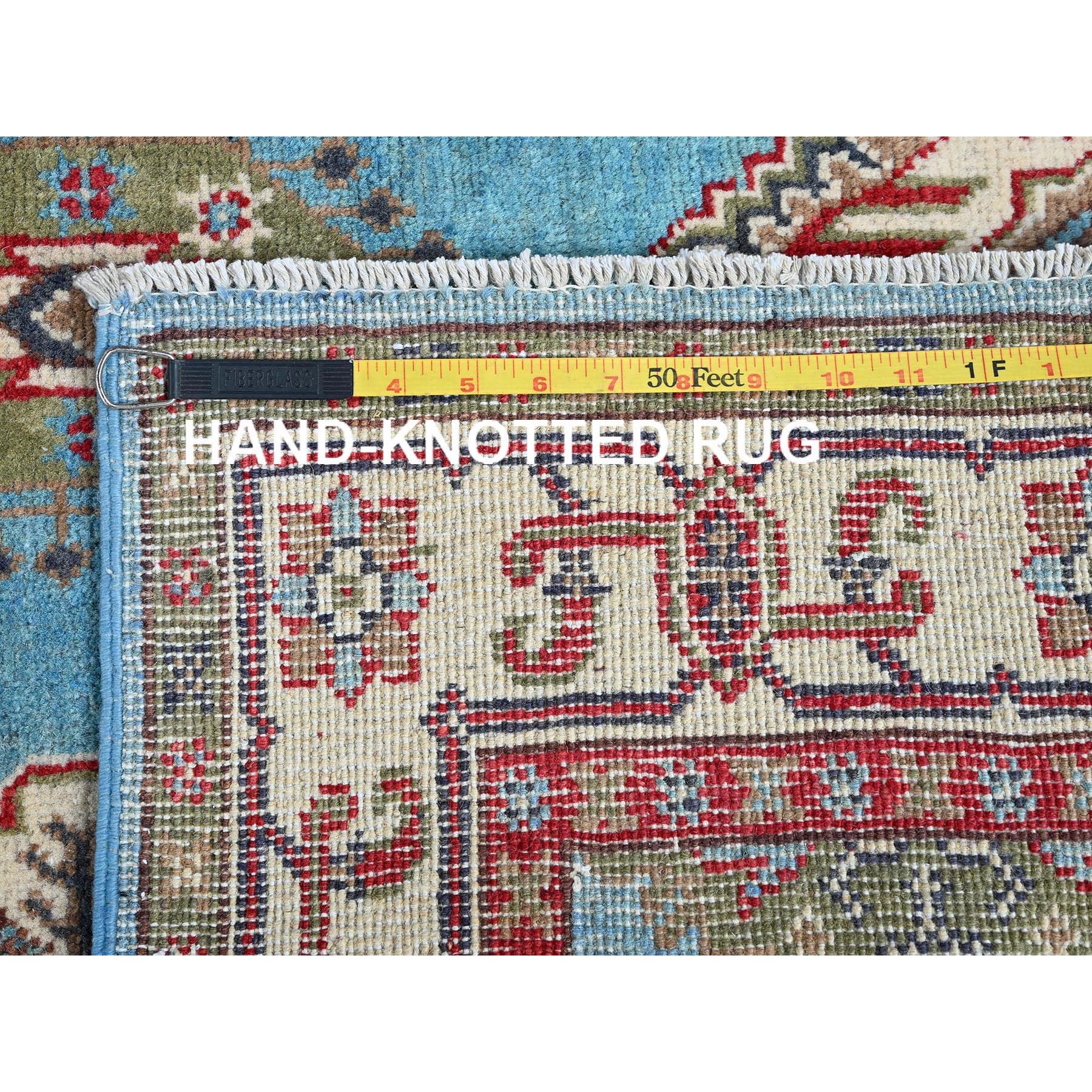 4'x6' Baby Blue, Kazak with Geometric Medallions Design, Hand Knotted, Soft and Shiny Wool, Natural Dyes, Denser Weave, Oriental Rug Sh418