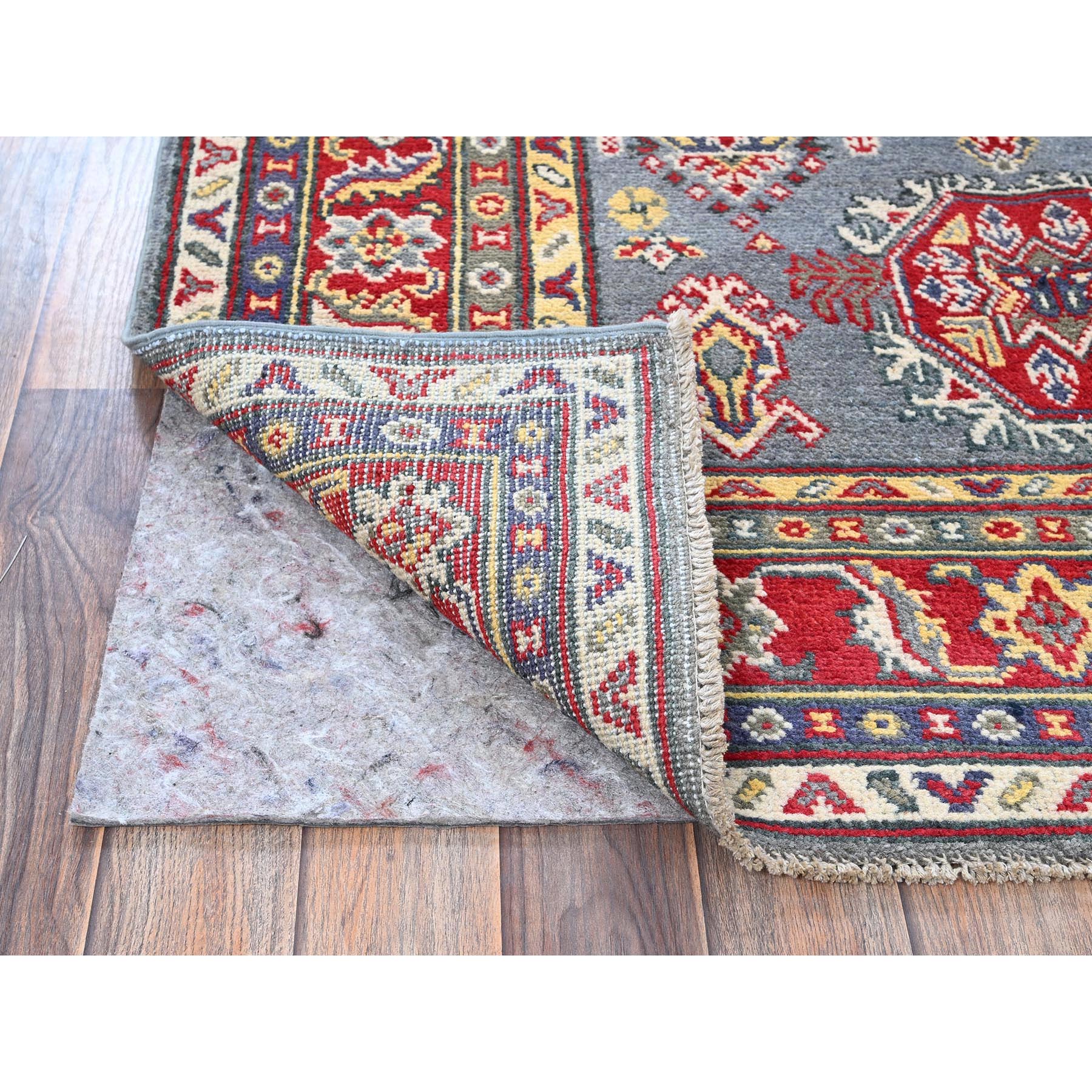 4'1"x5'10" Pewter Gray, Kazak with Geometric Medallions Design, Soft and Shiny Wool, Hand Knotted, Vegetable Dyes, Denser Weave, Oriental Rug Sh419