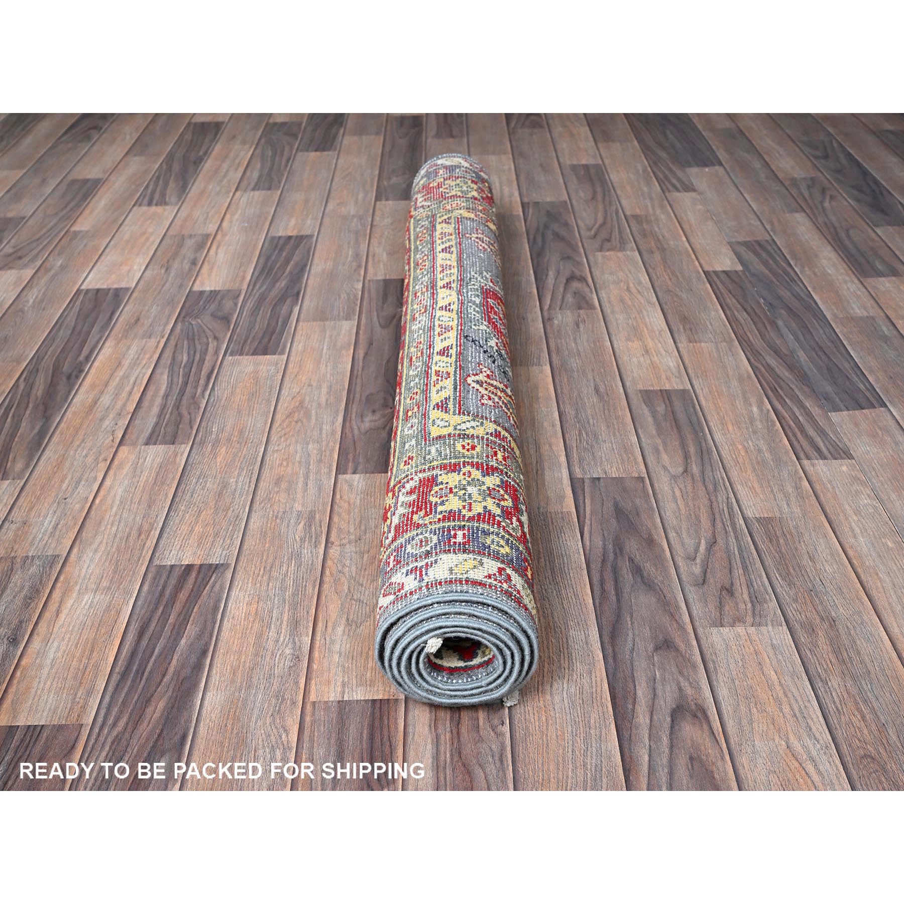 4'1"x5'10" Pewter Gray, Kazak with Geometric Medallions Design, Soft and Shiny Wool, Hand Knotted, Vegetable Dyes, Denser Weave, Oriental Rug Sh419