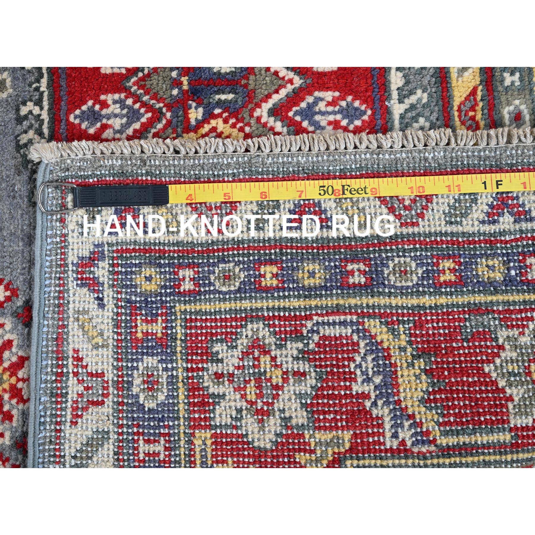 4'1"x5'10" Pewter Gray, Kazak with Geometric Medallions Design, Soft and Shiny Wool, Hand Knotted, Vegetable Dyes, Denser Weave, Oriental Rug Sh419