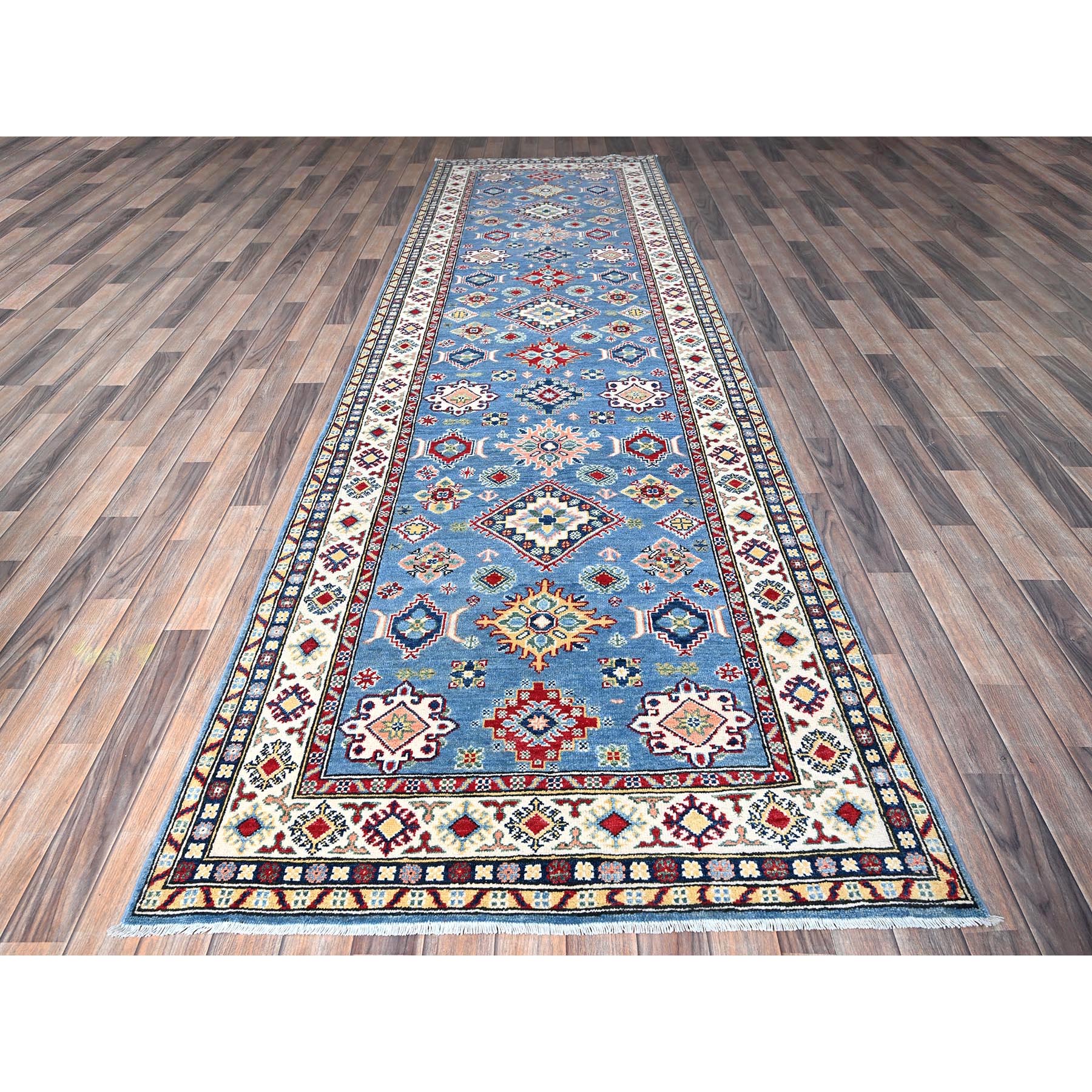 4'x13' Bayern Blue, Kazak with Geometric Medallions Design, Hand Knotted, Denser Weave, Soft and Shiny Wool, Vegetable Dyes, Wide Runner, Oriental Rug Sh420