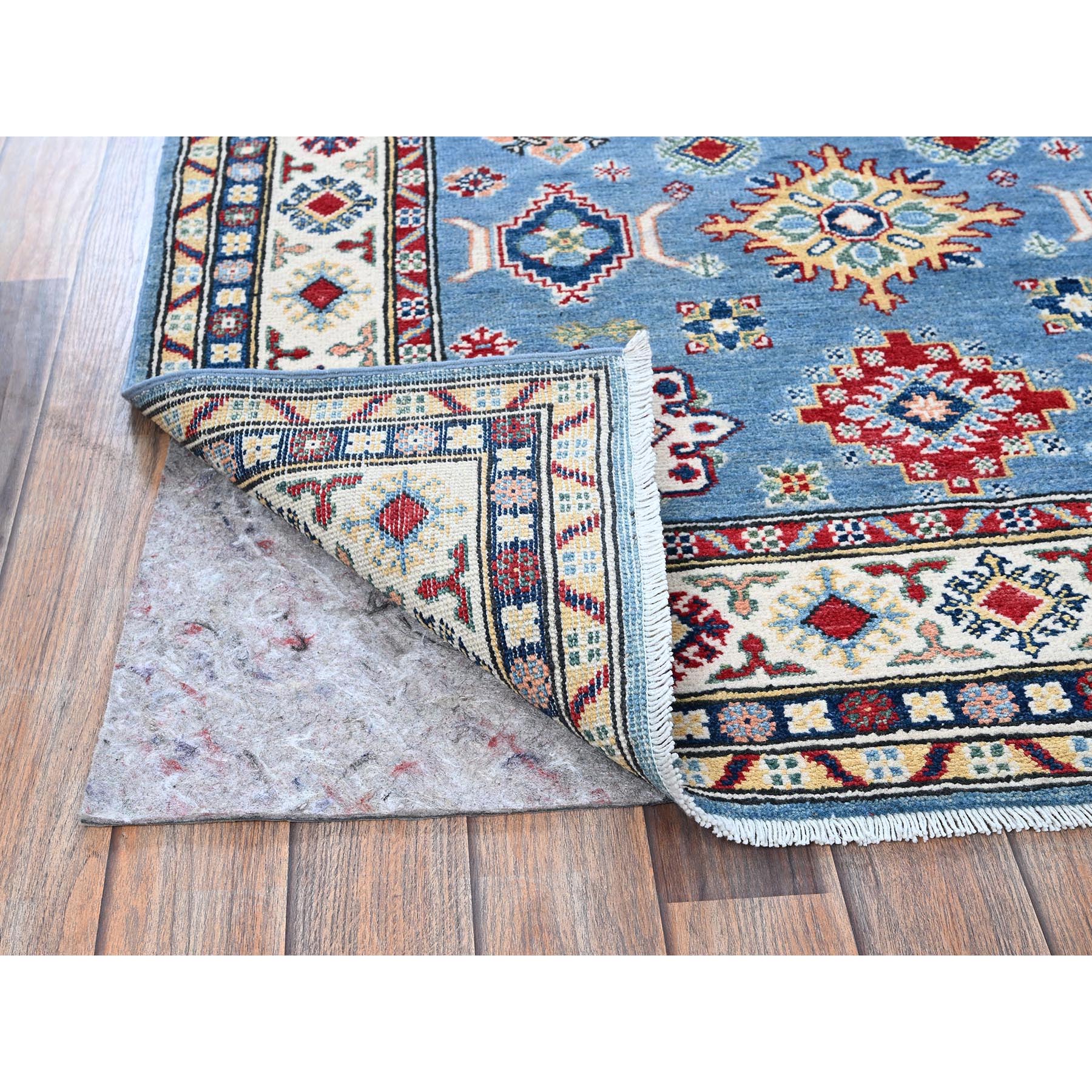 4'x13' Bayern Blue, Kazak with Geometric Medallions Design, Hand Knotted, Denser Weave, Soft and Shiny Wool, Vegetable Dyes, Wide Runner, Oriental Rug Sh420