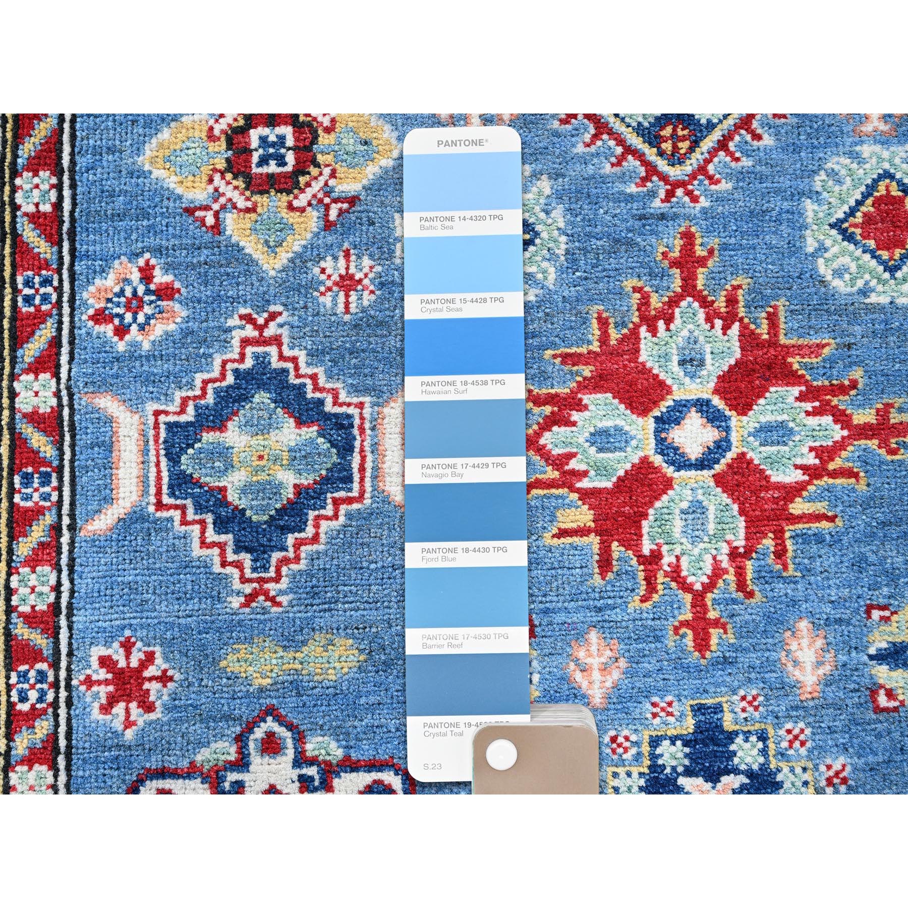 4'x13' Bayern Blue, Kazak with Geometric Medallions Design, Hand Knotted, Denser Weave, Soft and Shiny Wool, Vegetable Dyes, Wide Runner, Oriental Rug Sh420