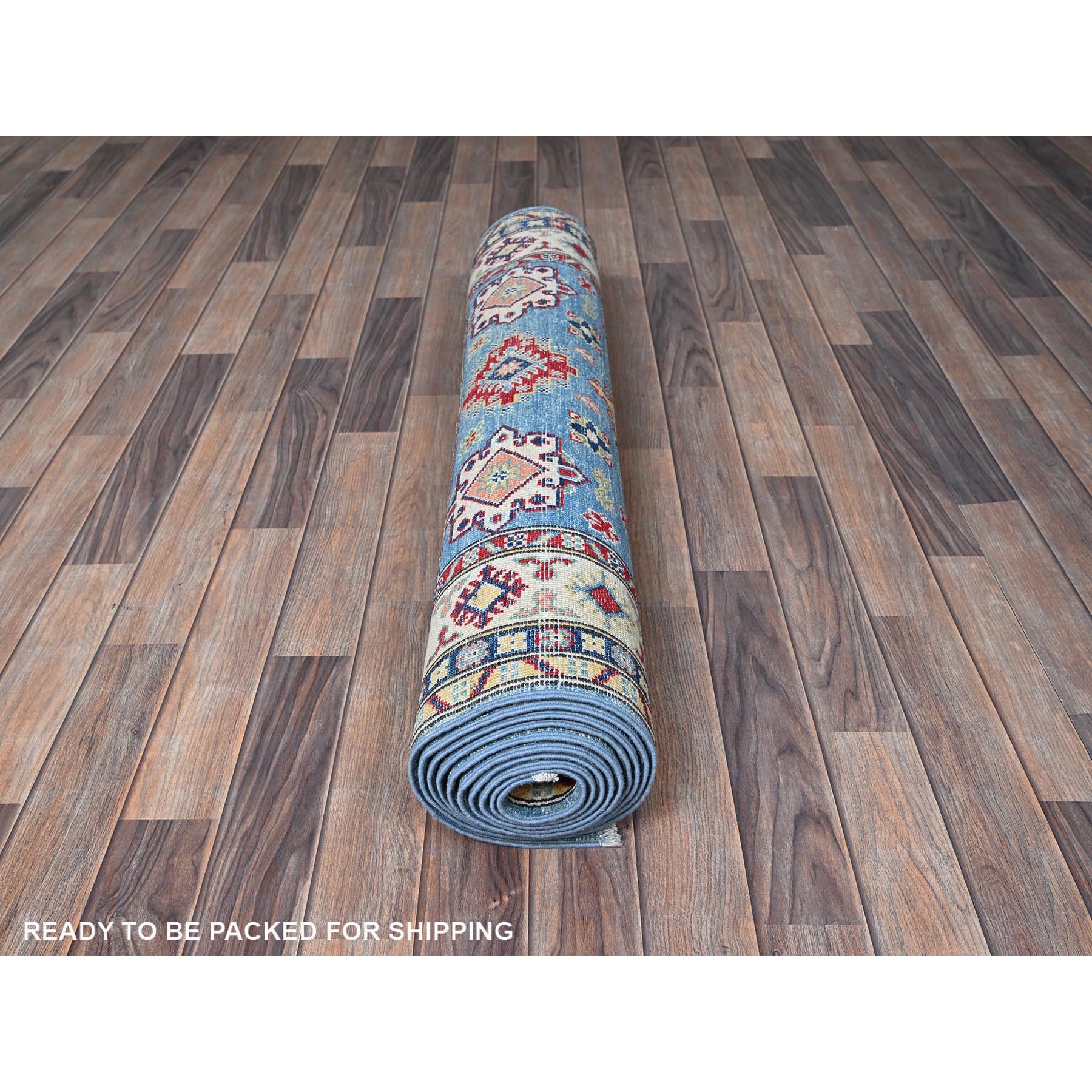 4'x13' Bayern Blue, Kazak with Geometric Medallions Design, Hand Knotted, Denser Weave, Soft and Shiny Wool, Vegetable Dyes, Wide Runner, Oriental Rug Sh420