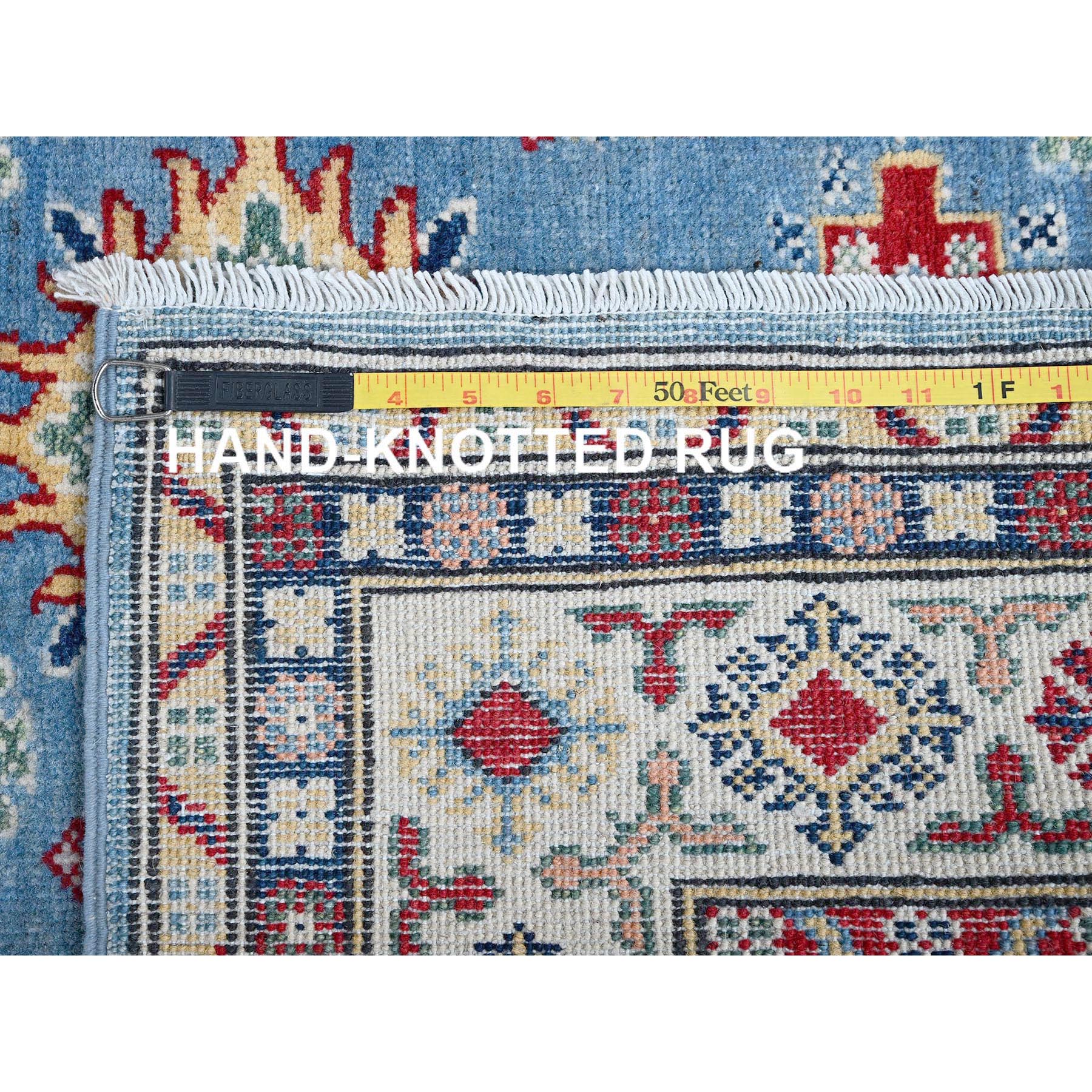 4'x13' Bayern Blue, Kazak with Geometric Medallions Design, Hand Knotted, Denser Weave, Soft and Shiny Wool, Vegetable Dyes, Wide Runner, Oriental Rug Sh420