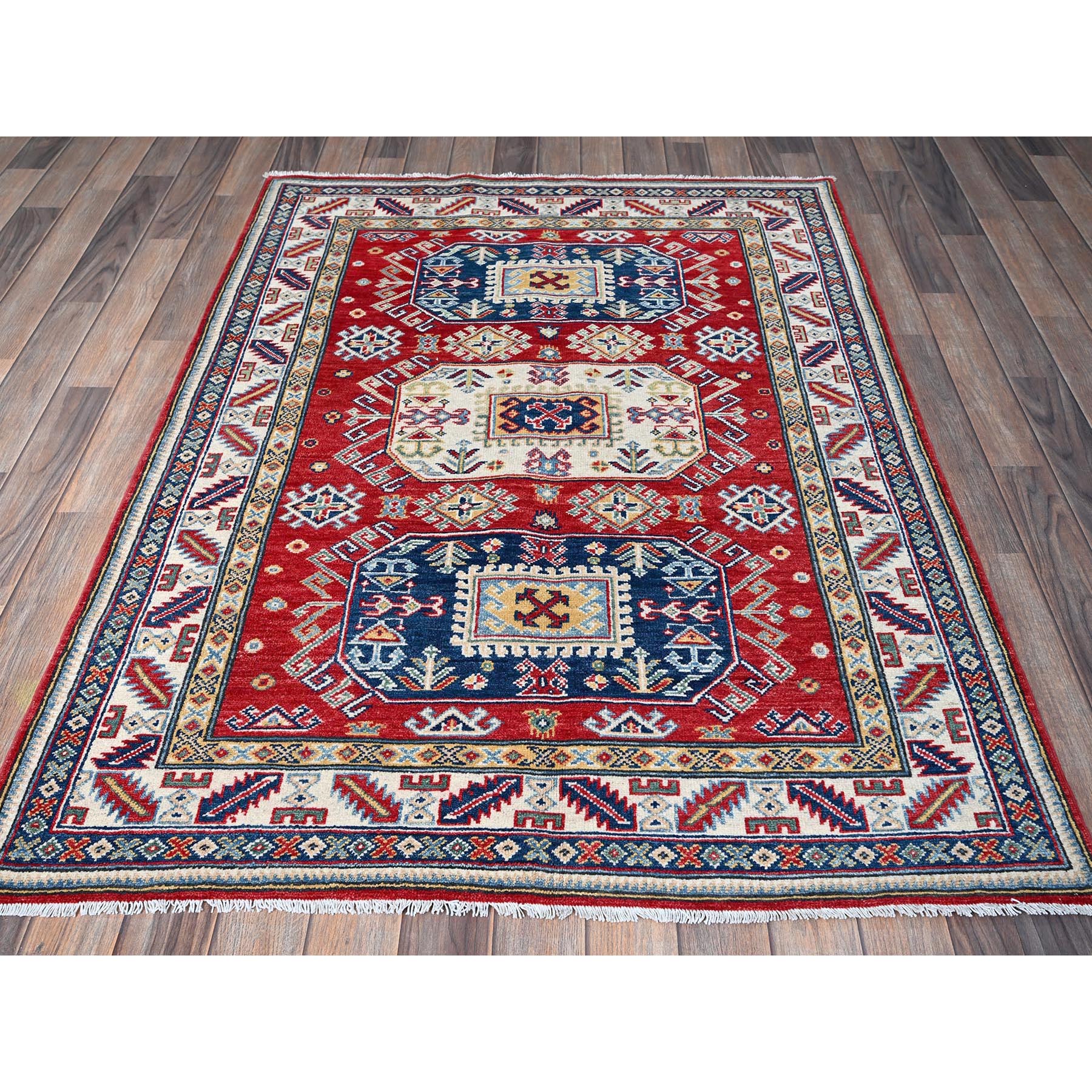 4'1"x5'6" Crimson Red, Kazak with Geometric Medallions Design, Soft and Shiny Wool, Hand Knotted, Vegetable Dyes, Denser Weave, Oriental Rug Sh421