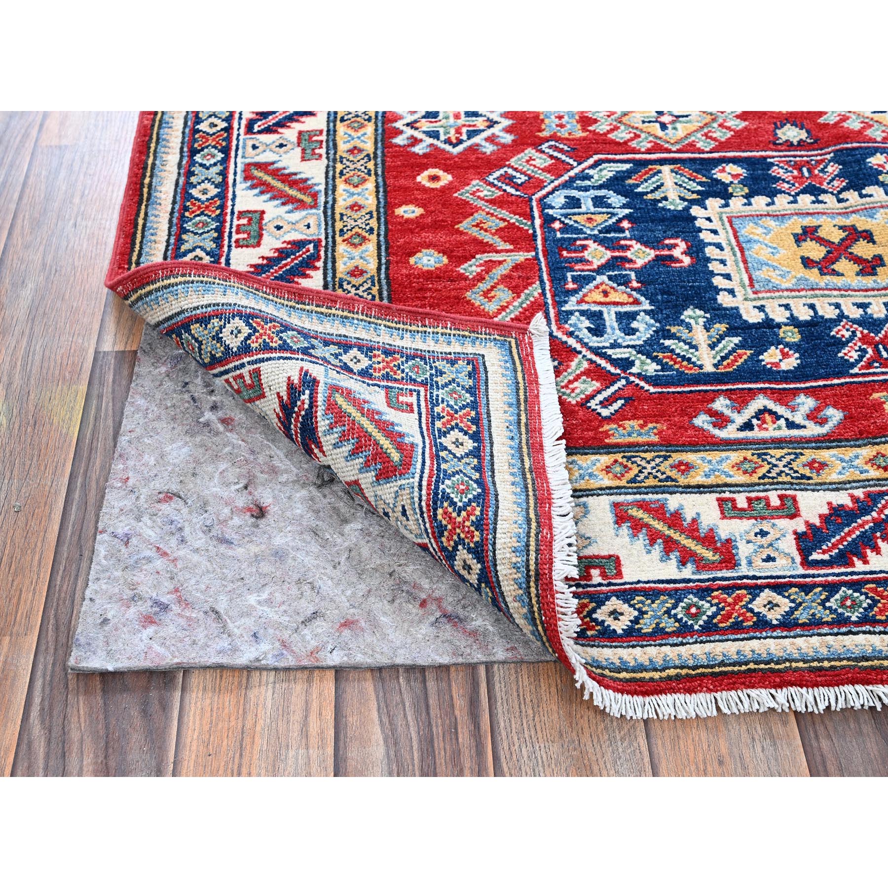 4'1"x5'6" Crimson Red, Kazak with Geometric Medallions Design, Soft and Shiny Wool, Hand Knotted, Vegetable Dyes, Denser Weave, Oriental Rug Sh421