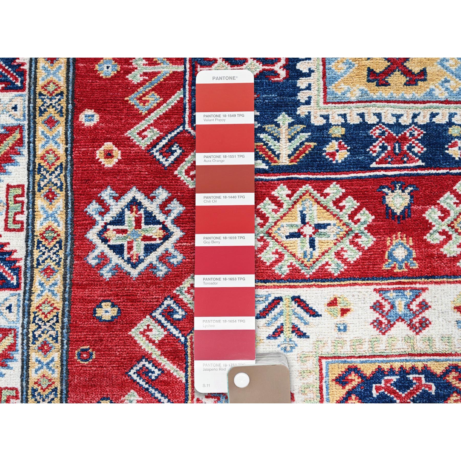 4'1"x5'6" Crimson Red, Kazak with Geometric Medallions Design, Soft and Shiny Wool, Hand Knotted, Vegetable Dyes, Denser Weave, Oriental Rug Sh421