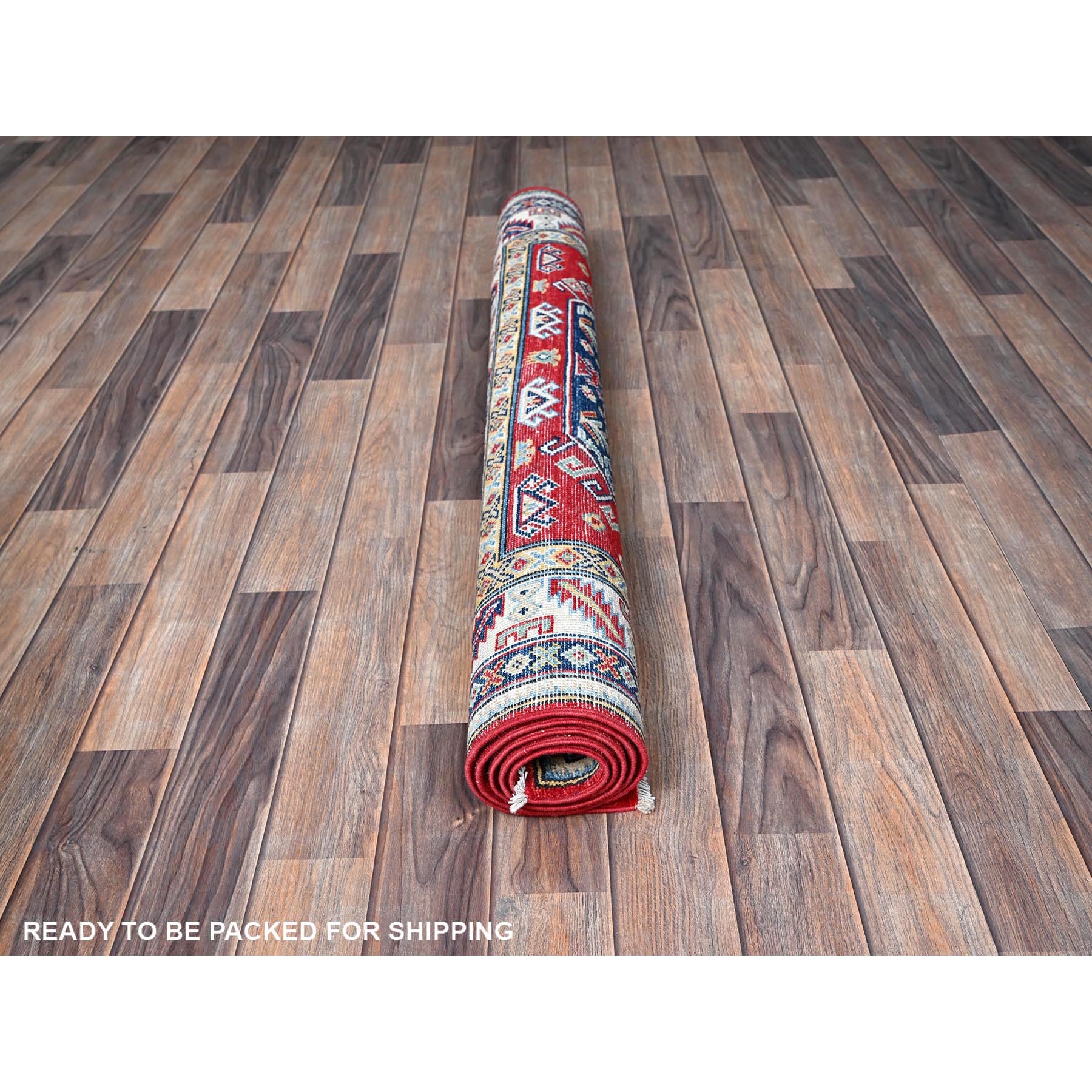 4'1"x5'6" Crimson Red, Kazak with Geometric Medallions Design, Soft and Shiny Wool, Hand Knotted, Vegetable Dyes, Denser Weave, Oriental Rug Sh421