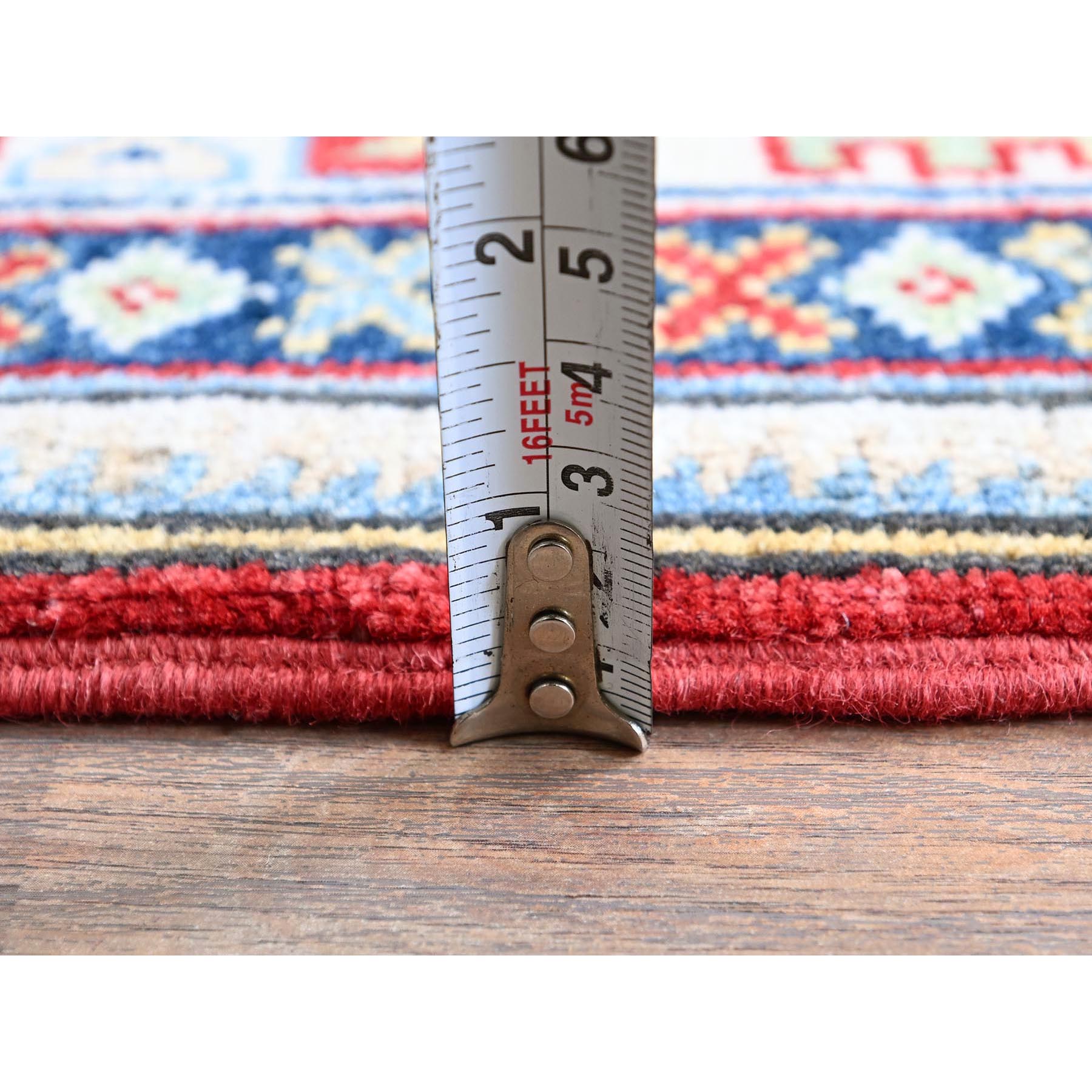 4'1"x5'6" Crimson Red, Kazak with Geometric Medallions Design, Soft and Shiny Wool, Hand Knotted, Vegetable Dyes, Denser Weave, Oriental Rug Sh421