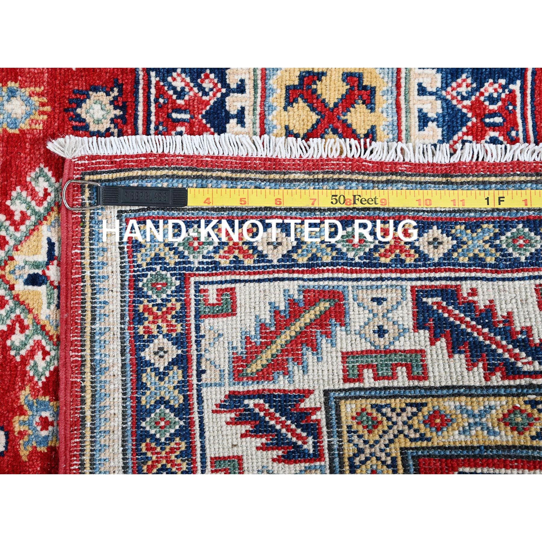 4'1"x5'6" Crimson Red, Kazak with Geometric Medallions Design, Soft and Shiny Wool, Hand Knotted, Vegetable Dyes, Denser Weave, Oriental Rug Sh421