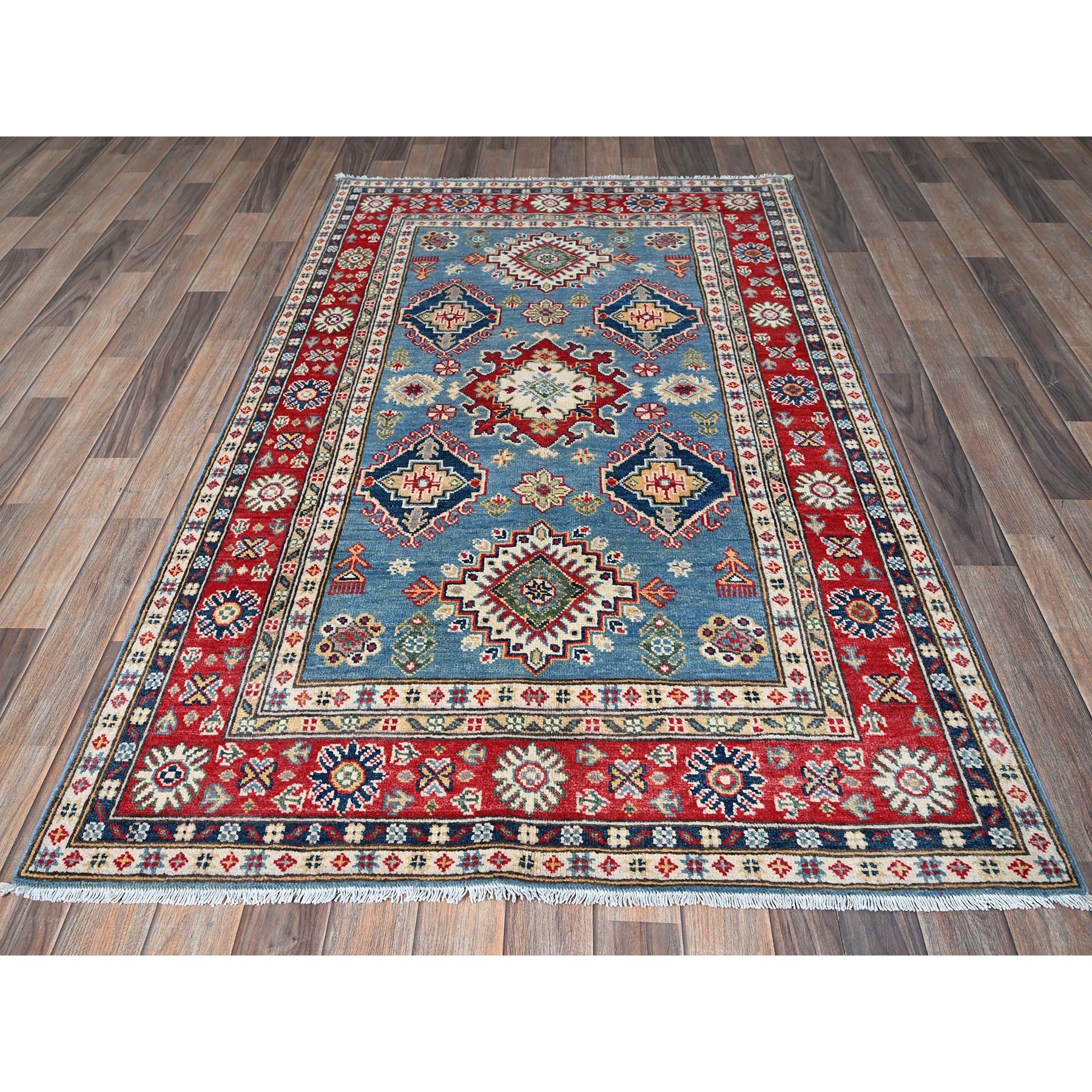 3'10"x6'3" Ruddy Blue, Kazak with Geometric Medallions Design, Soft and Shiny Wool, Hand Knotted, Vegetable Dyes, Denser Weave, Oriental Rug Sh422