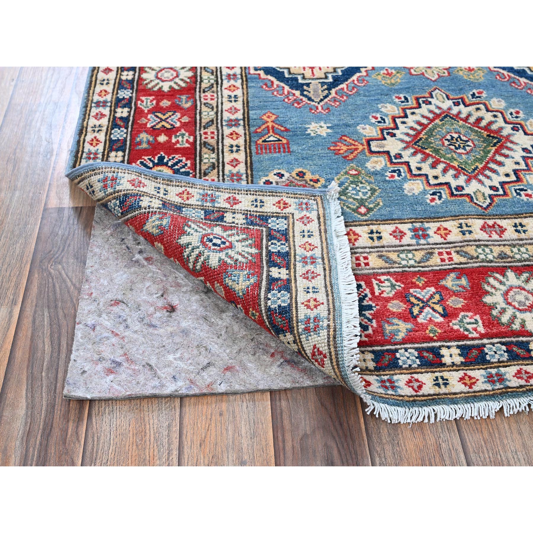 3'10"x6'3" Ruddy Blue, Kazak with Geometric Medallions Design, Soft and Shiny Wool, Hand Knotted, Vegetable Dyes, Denser Weave, Oriental Rug Sh422