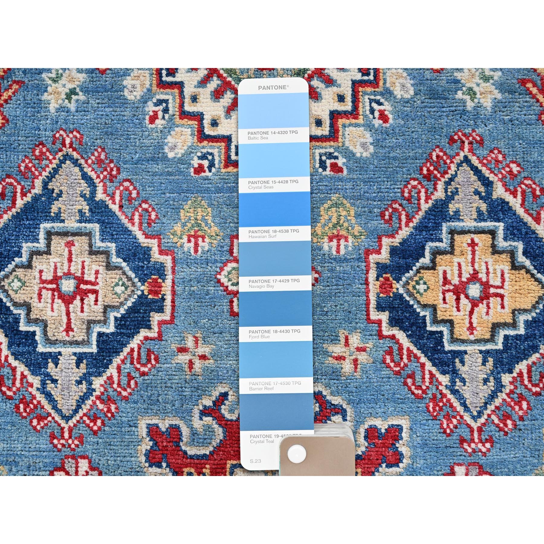3'10"x6'3" Ruddy Blue, Kazak with Geometric Medallions Design, Soft and Shiny Wool, Hand Knotted, Vegetable Dyes, Denser Weave, Oriental Rug Sh422