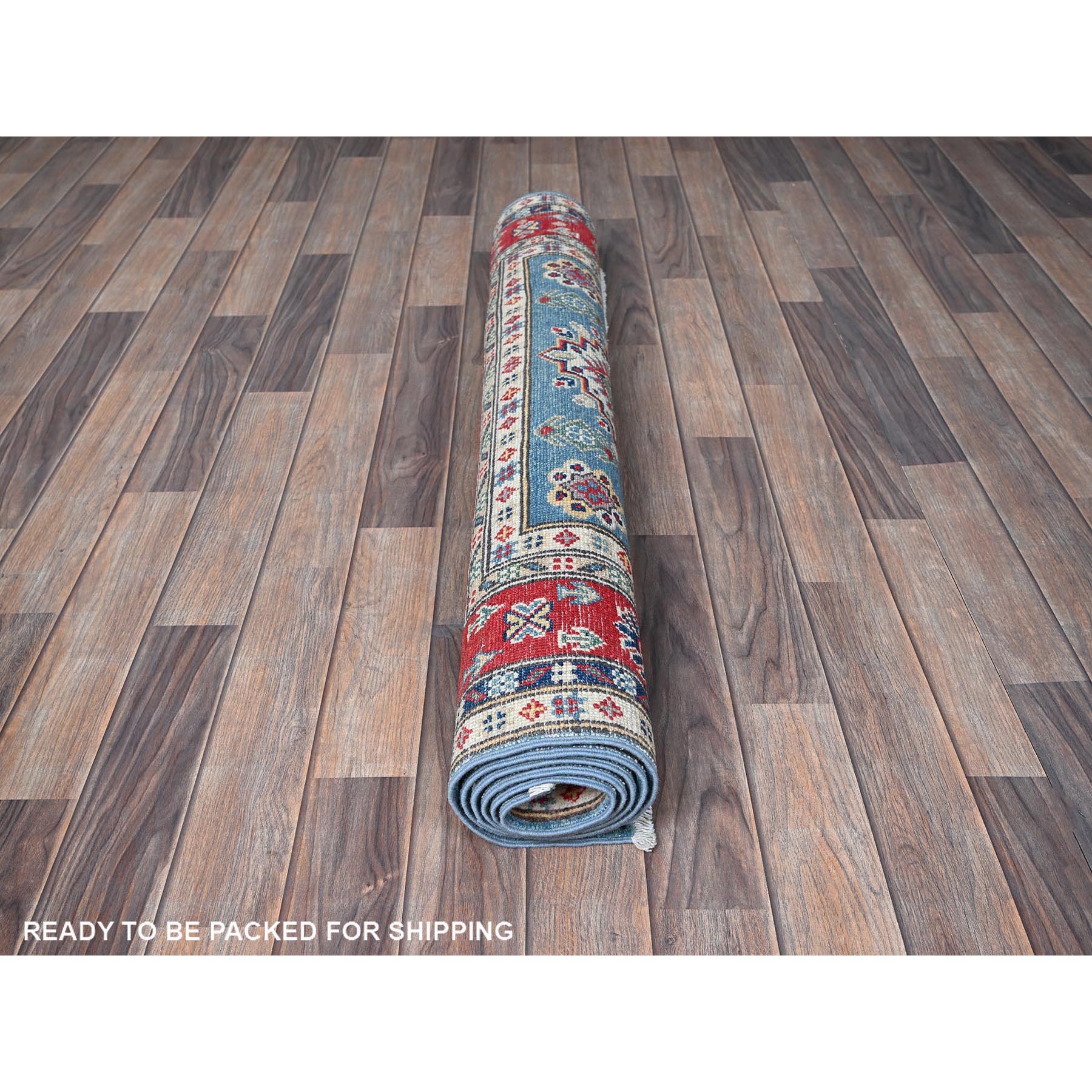 3'10"x6'3" Ruddy Blue, Kazak with Geometric Medallions Design, Soft and Shiny Wool, Hand Knotted, Vegetable Dyes, Denser Weave, Oriental Rug Sh422