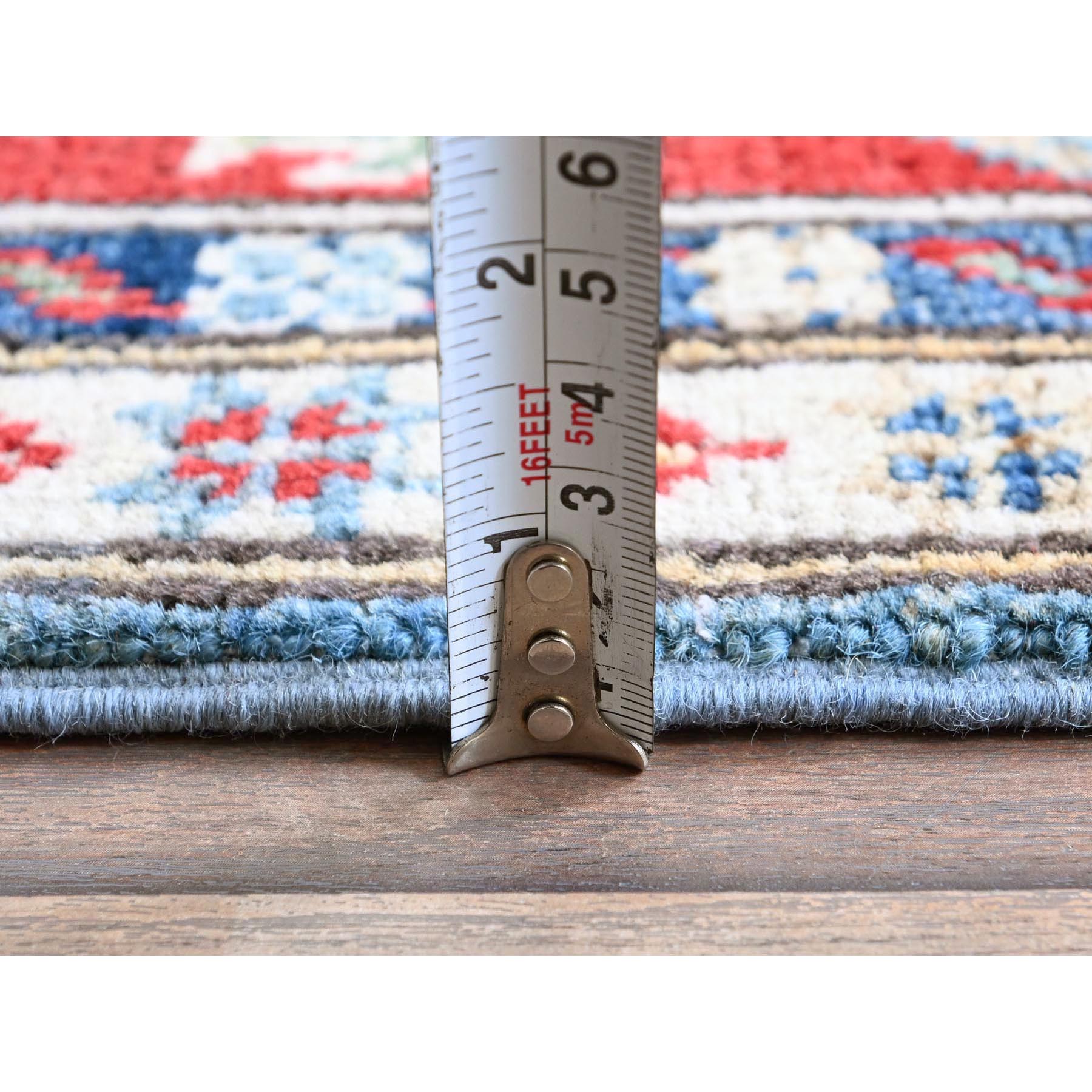 3'10"x6'3" Ruddy Blue, Kazak with Geometric Medallions Design, Soft and Shiny Wool, Hand Knotted, Vegetable Dyes, Denser Weave, Oriental Rug Sh422