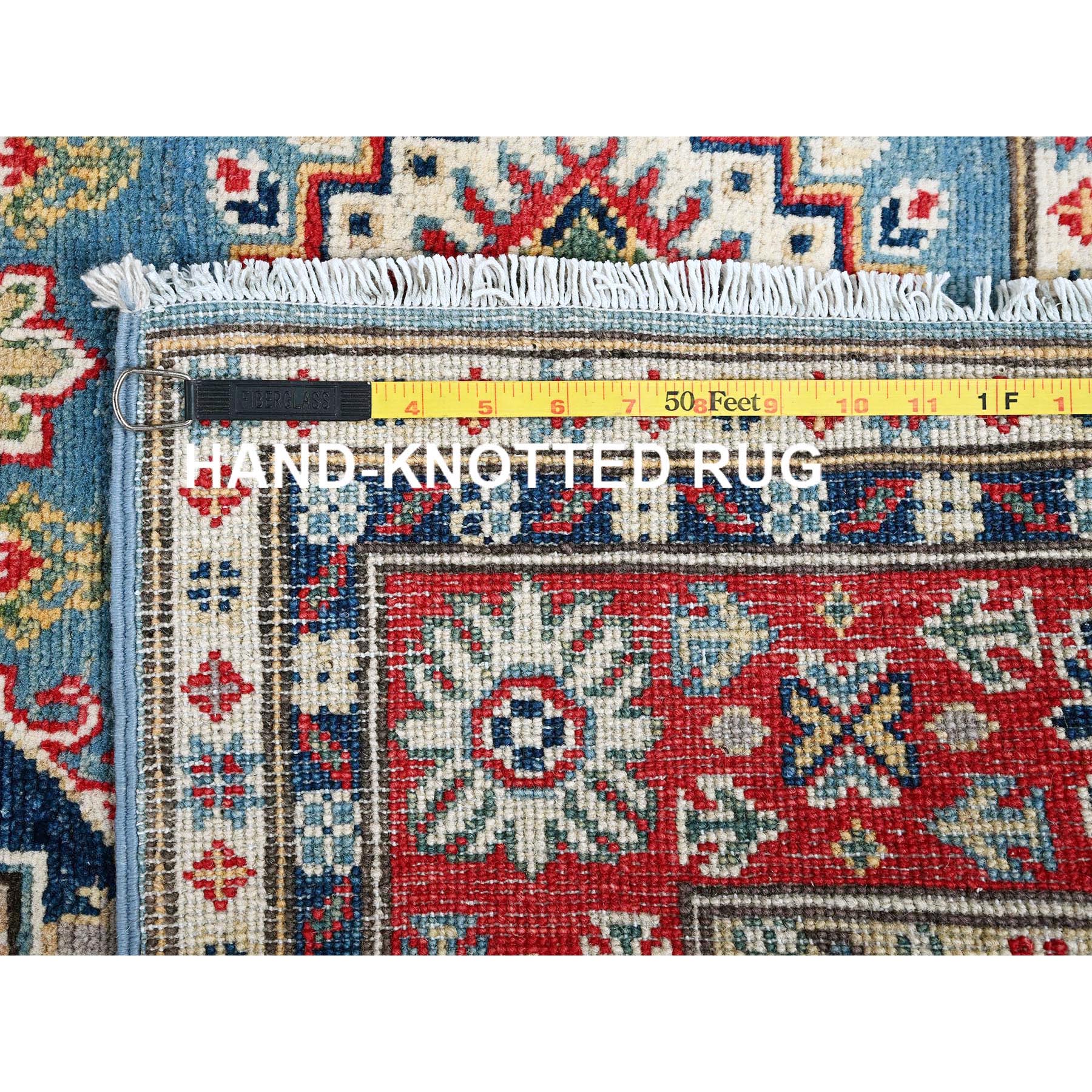 3'10"x6'3" Ruddy Blue, Kazak with Geometric Medallions Design, Soft and Shiny Wool, Hand Knotted, Vegetable Dyes, Denser Weave, Oriental Rug Sh422