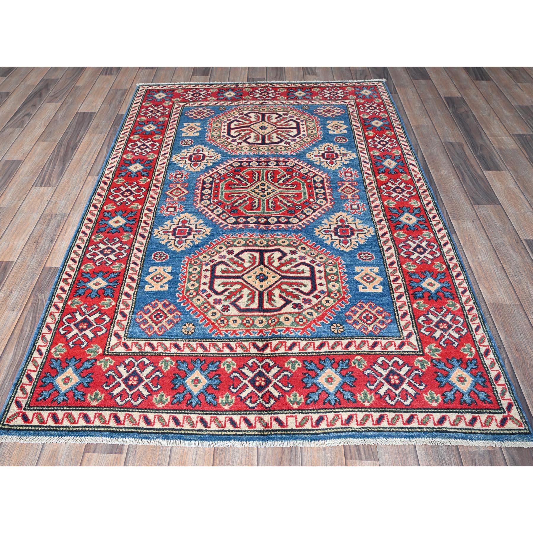 4'1"x6' Carolina Blue, Kazak with Geometric Medallions Design, Hand Knotted, Soft and Vibrant Wool, Vegetable Dyes, Denser Weave, Oriental Rug Sh423