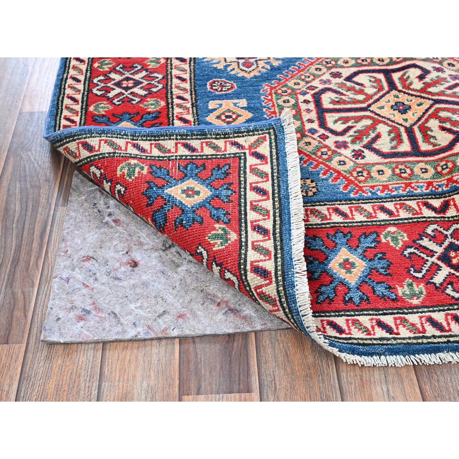 4'1"x6' Carolina Blue, Kazak with Geometric Medallions Design, Hand Knotted, Soft and Vibrant Wool, Vegetable Dyes, Denser Weave, Oriental Rug Sh423