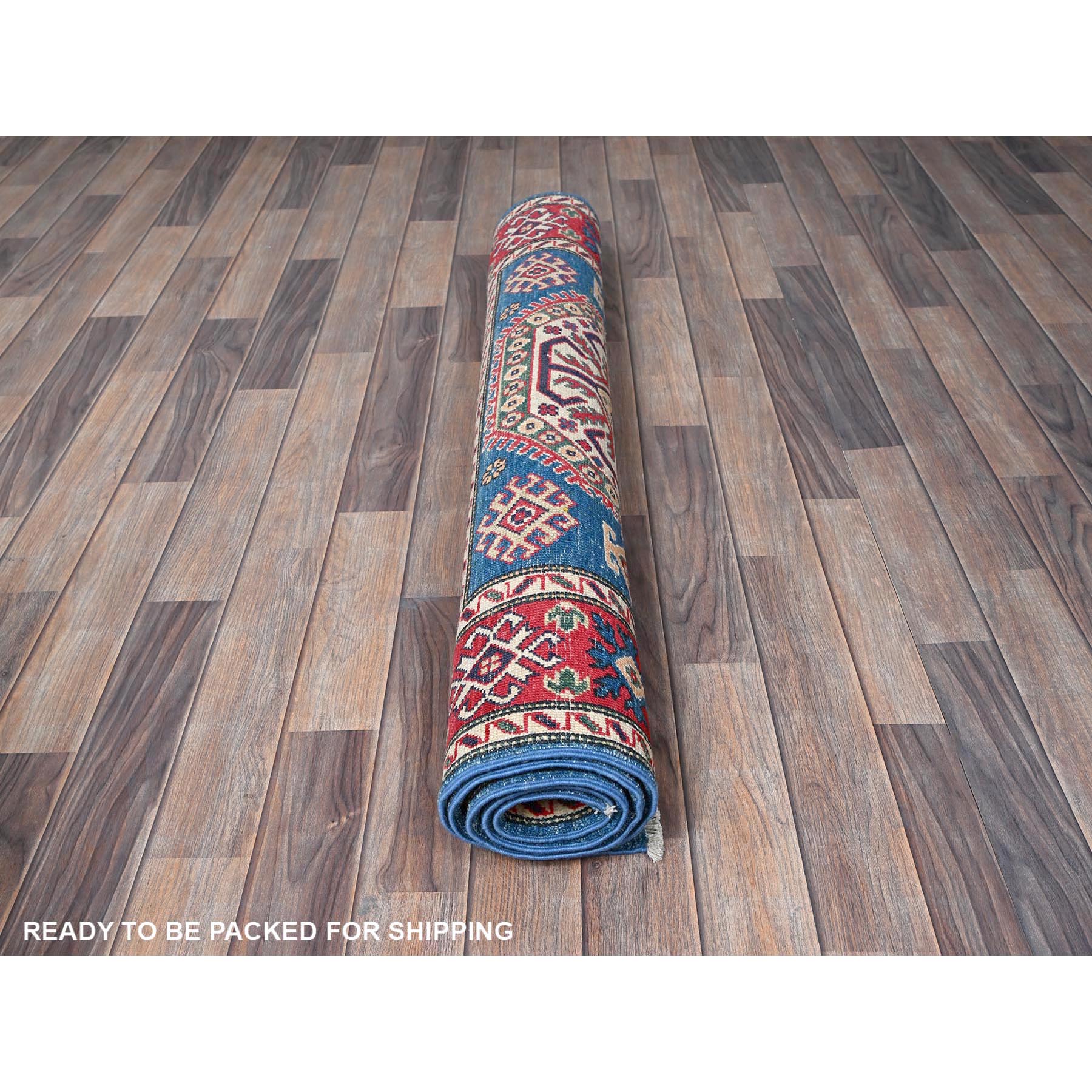 4'1"x6' Carolina Blue, Kazak with Geometric Medallions Design, Hand Knotted, Soft and Vibrant Wool, Vegetable Dyes, Denser Weave, Oriental Rug Sh423