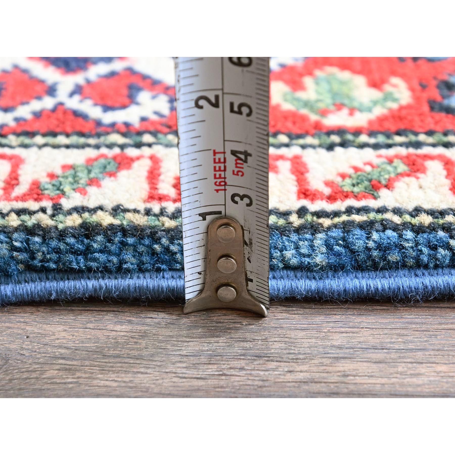 4'1"x6' Carolina Blue, Kazak with Geometric Medallions Design, Hand Knotted, Soft and Vibrant Wool, Vegetable Dyes, Denser Weave, Oriental Rug Sh423