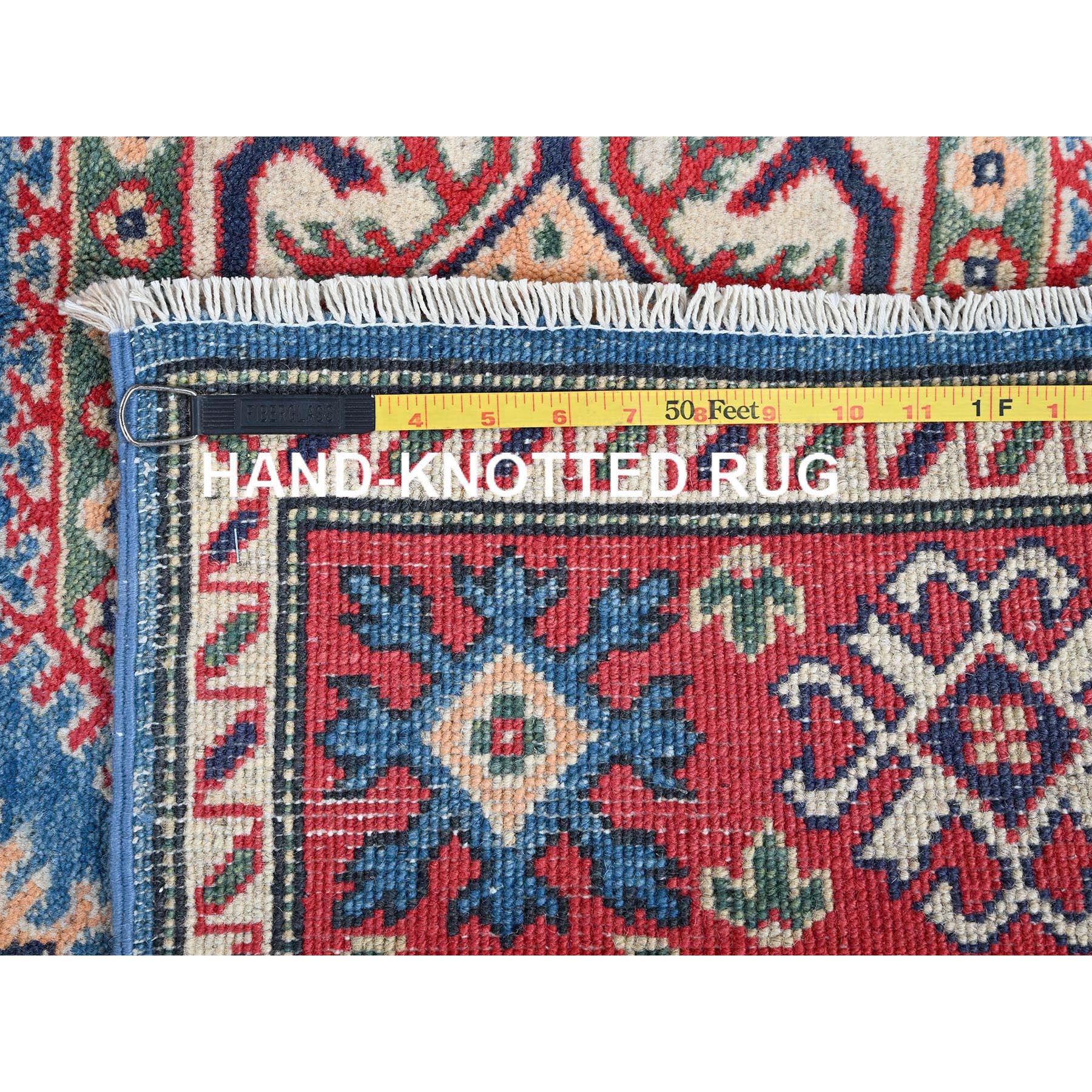 4'1"x6' Carolina Blue, Kazak with Geometric Medallions Design, Hand Knotted, Soft and Vibrant Wool, Vegetable Dyes, Denser Weave, Oriental Rug Sh423