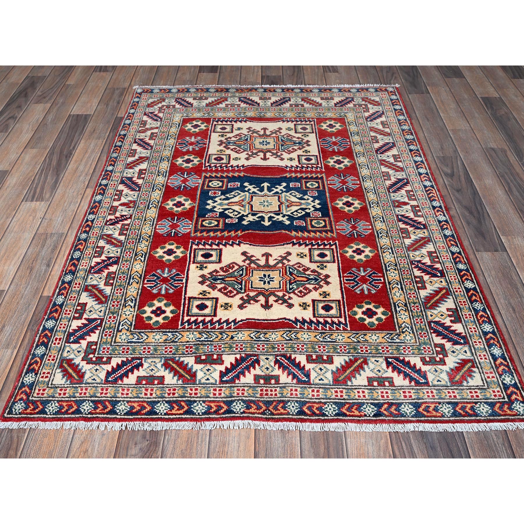 3'9"x5'3" Crimson Red, Kazak with Geometric Medallions Design, Hand Knotted, Soft and Velvety Wool, Vegetable Dyes, Denser Weave, Oriental Rug Sh425