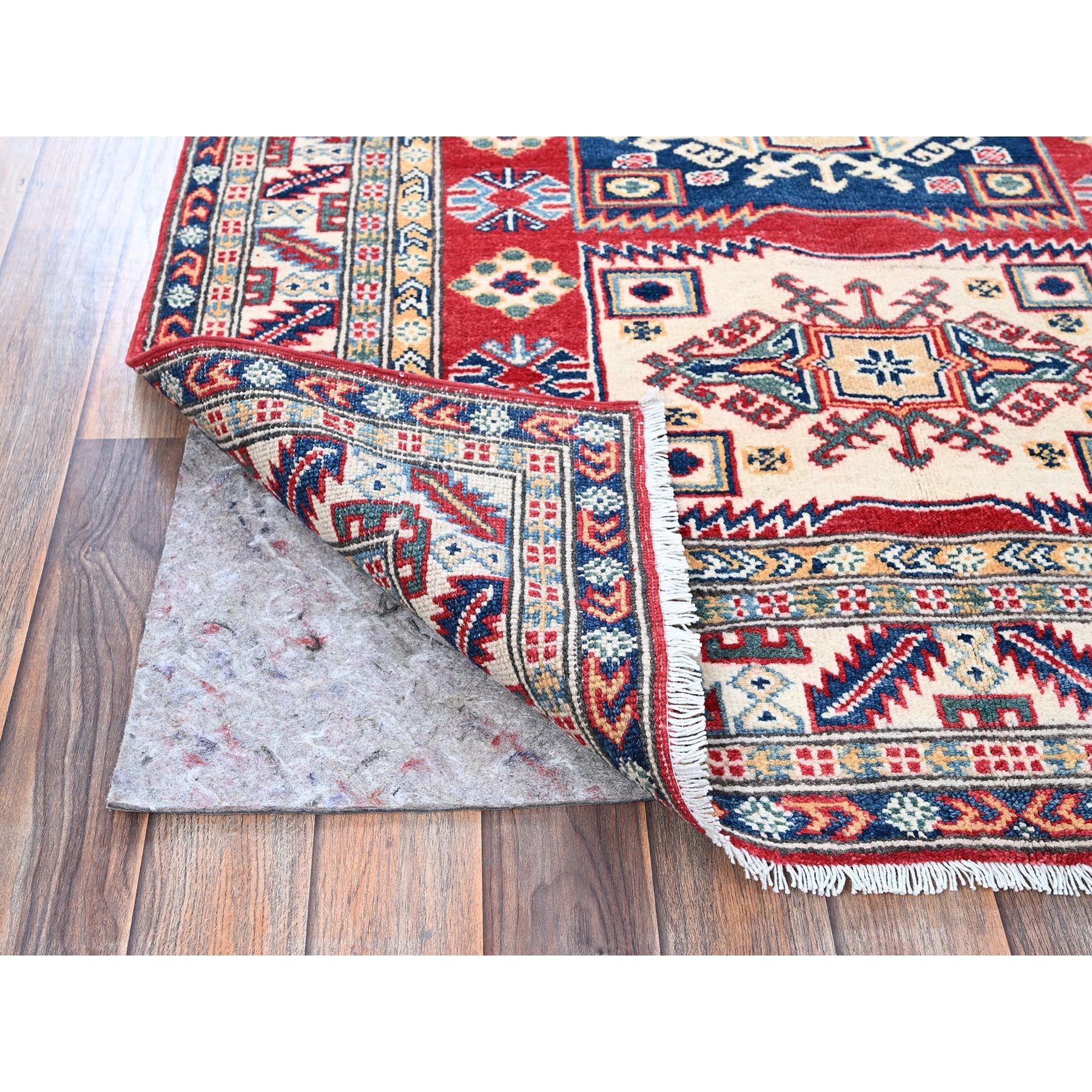 3'9"x5'3" Crimson Red, Kazak with Geometric Medallions Design, Hand Knotted, Soft and Velvety Wool, Vegetable Dyes, Denser Weave, Oriental Rug Sh425