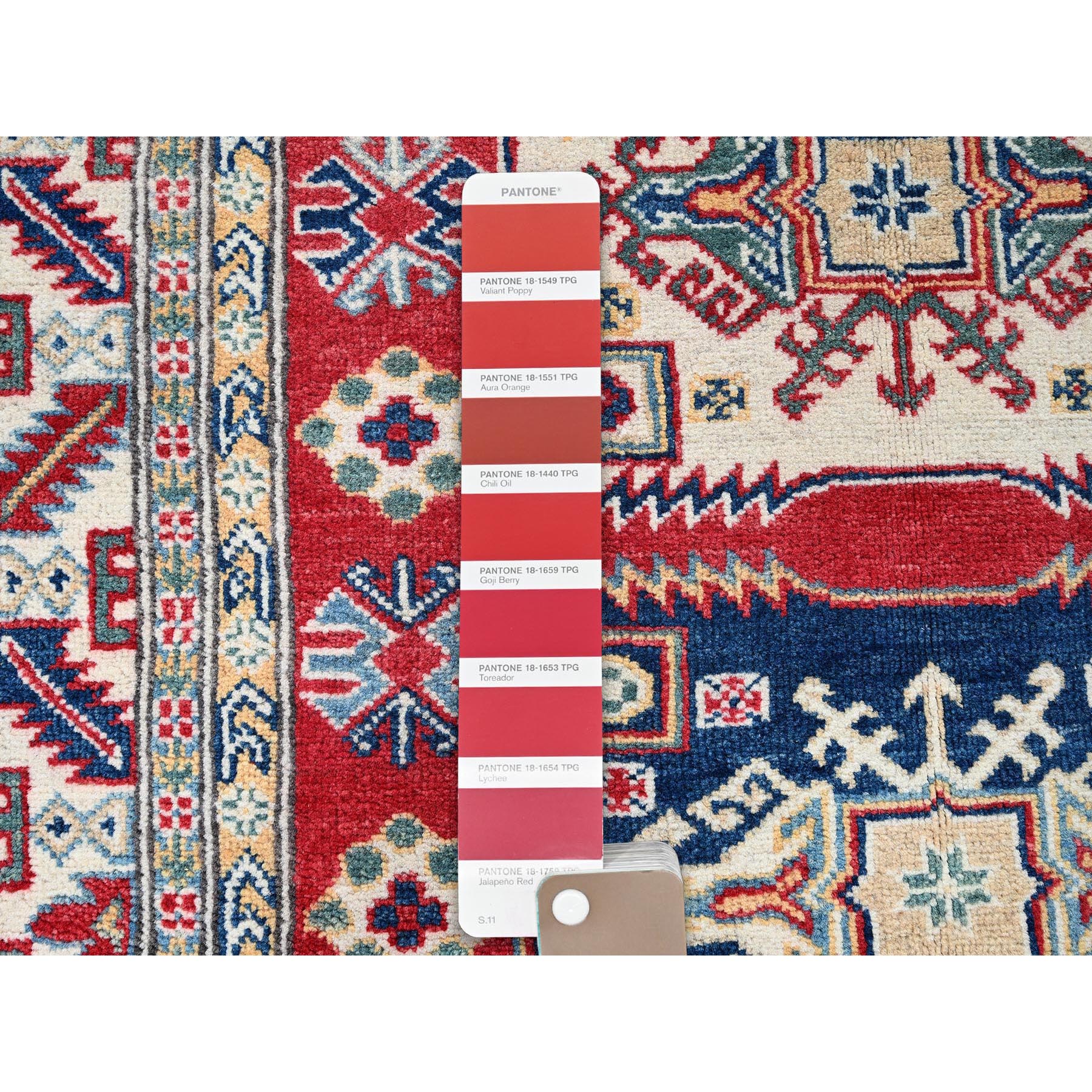 3'9"x5'3" Crimson Red, Kazak with Geometric Medallions Design, Hand Knotted, Soft and Velvety Wool, Vegetable Dyes, Denser Weave, Oriental Rug Sh425