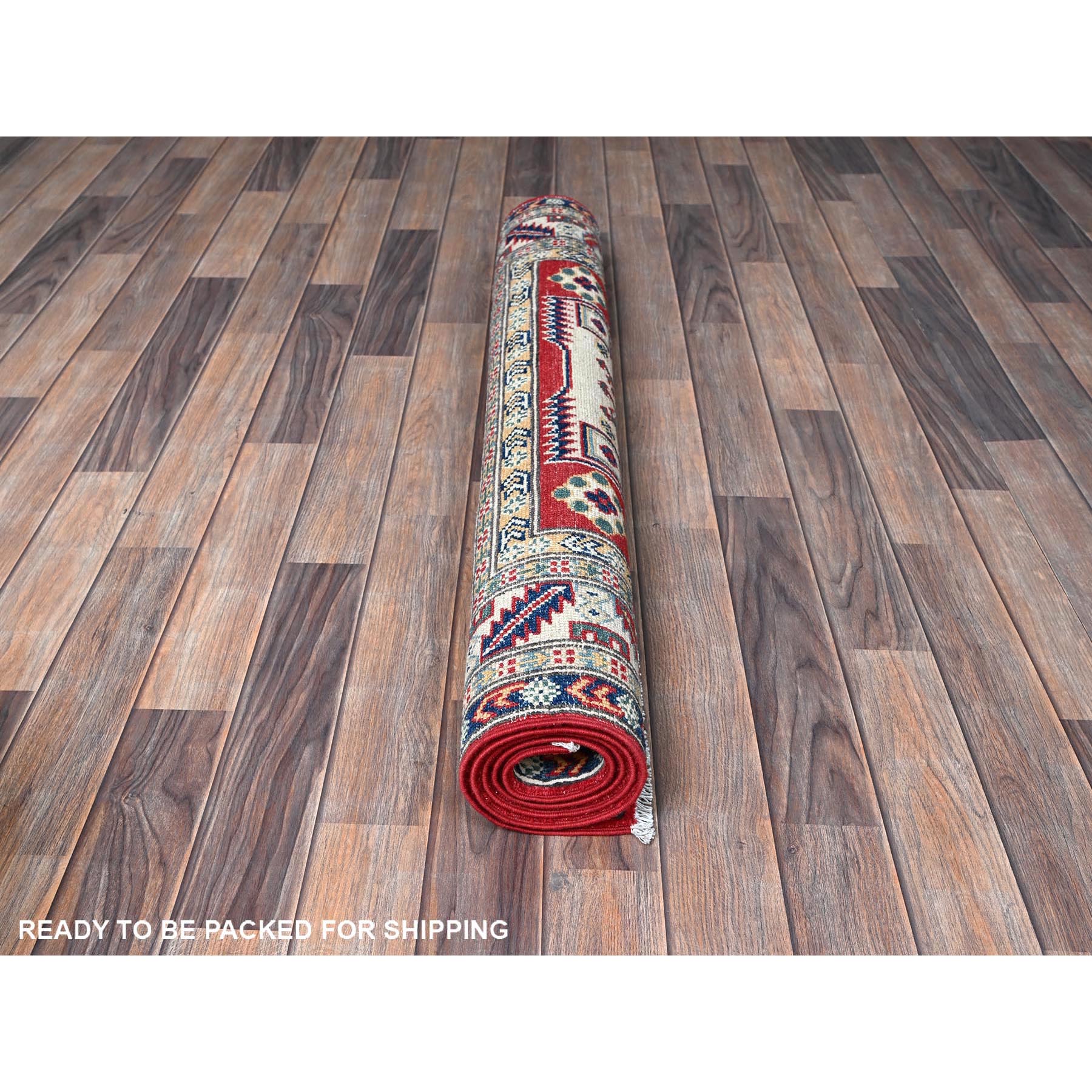 3'9"x5'3" Crimson Red, Kazak with Geometric Medallions Design, Hand Knotted, Soft and Velvety Wool, Vegetable Dyes, Denser Weave, Oriental Rug Sh425