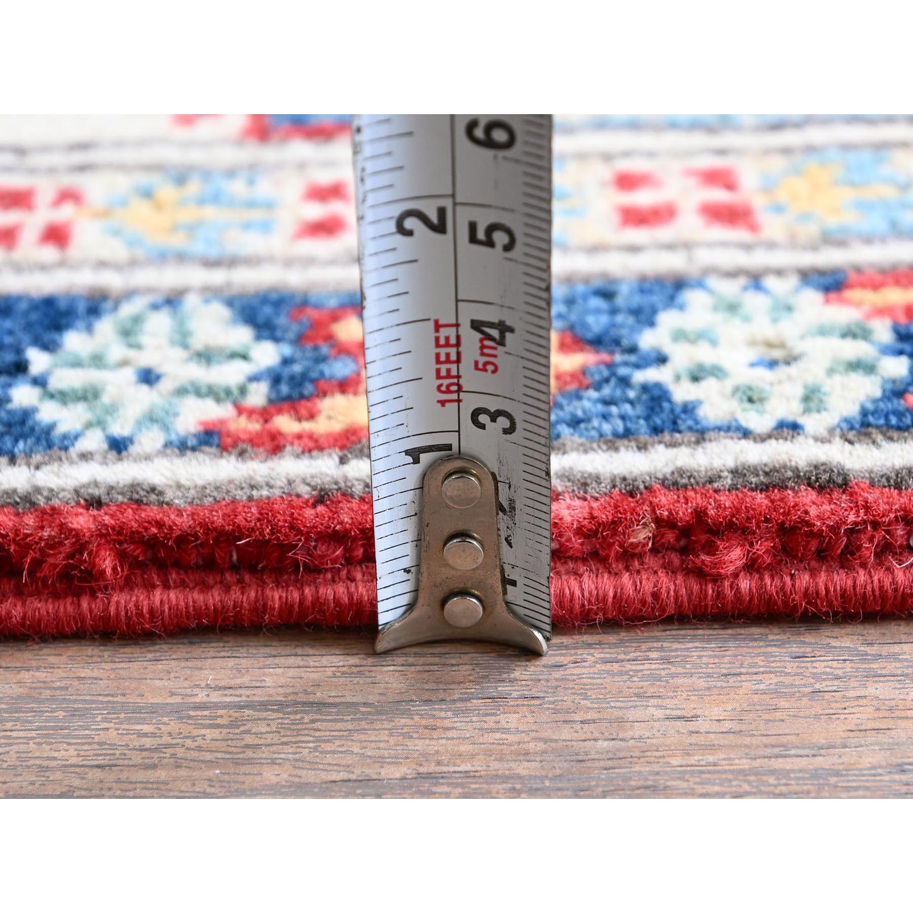 3'9"x5'3" Crimson Red, Kazak with Geometric Medallions Design, Hand Knotted, Soft and Velvety Wool, Vegetable Dyes, Denser Weave, Oriental Rug Sh425