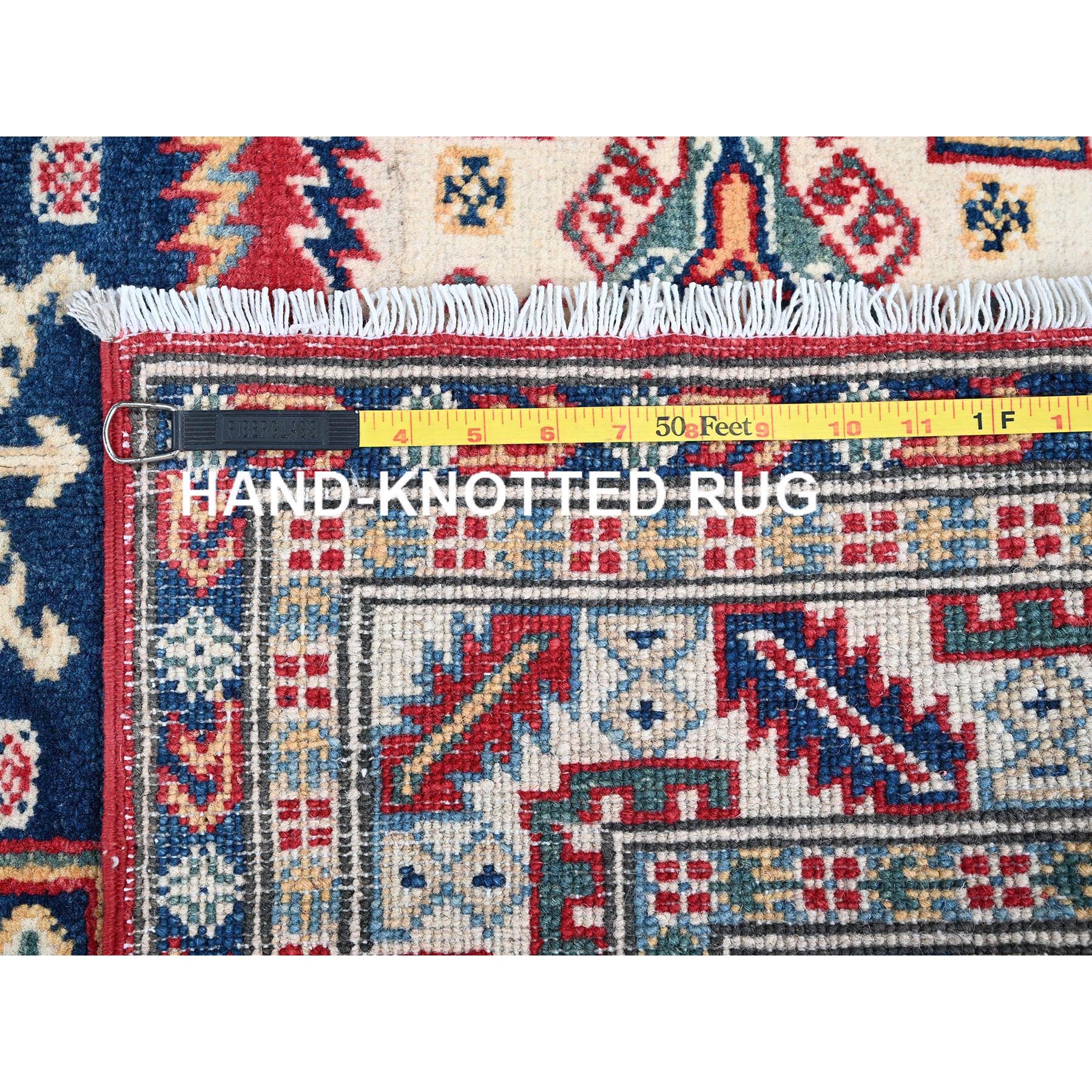 3'9"x5'3" Crimson Red, Kazak with Geometric Medallions Design, Hand Knotted, Soft and Velvety Wool, Vegetable Dyes, Denser Weave, Oriental Rug Sh425