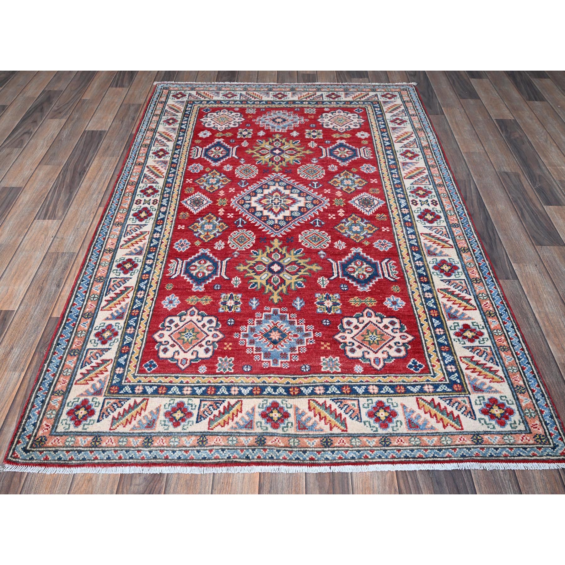 4'x6' Imperial Red, Kazak with Geometric Medallions Design, Soft and Shiny Wool, Hand Knotted, Vegetable Dyes, Denser Weave, Oriental Rug Sh426
