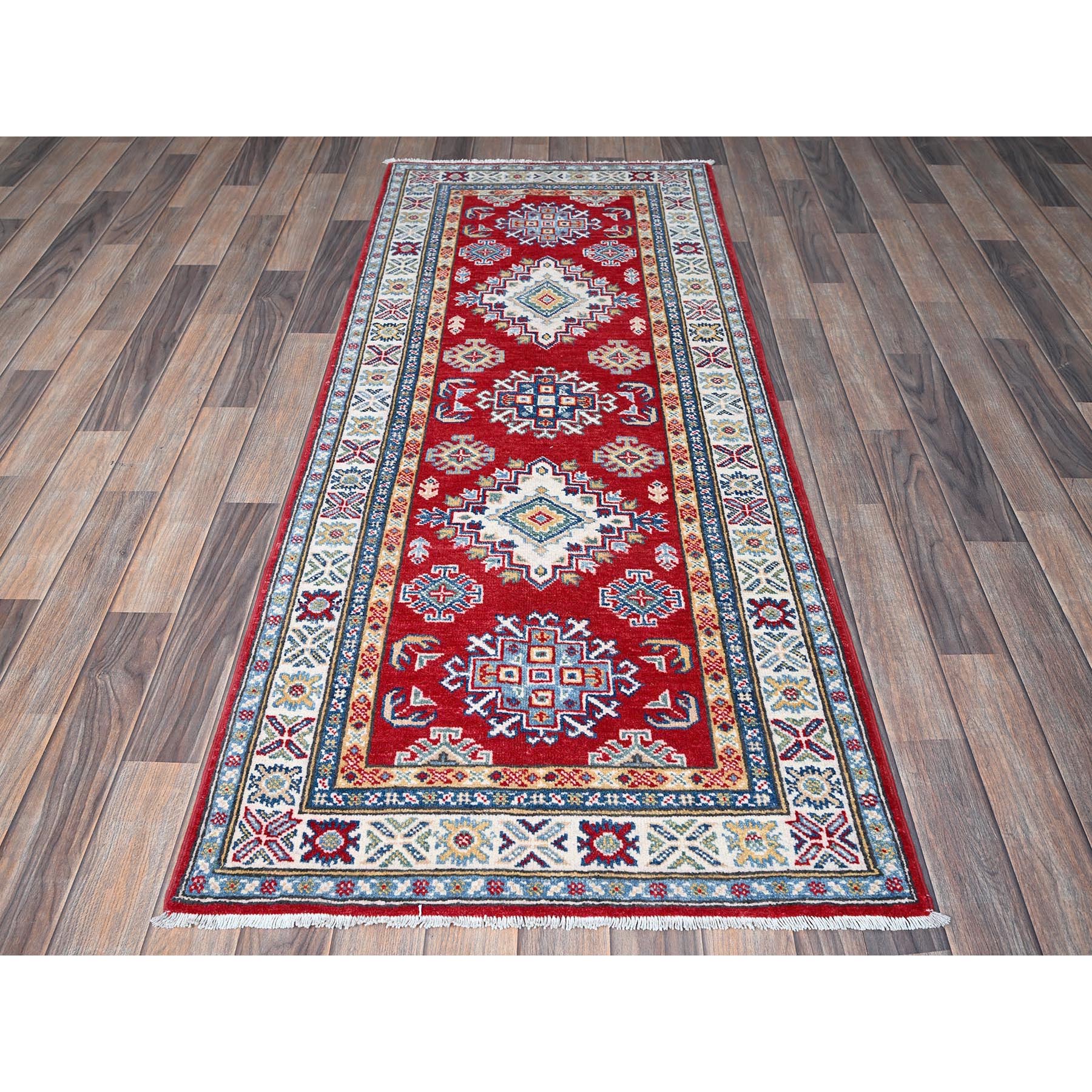 2'7"x6'5" Chili Red, Kazak with Geometric Medallions Design, Soft and Shiny Wool, Hand Knotted, Vegetable Dyes, Denser Weave, Runner, Oriental Rug Sh428