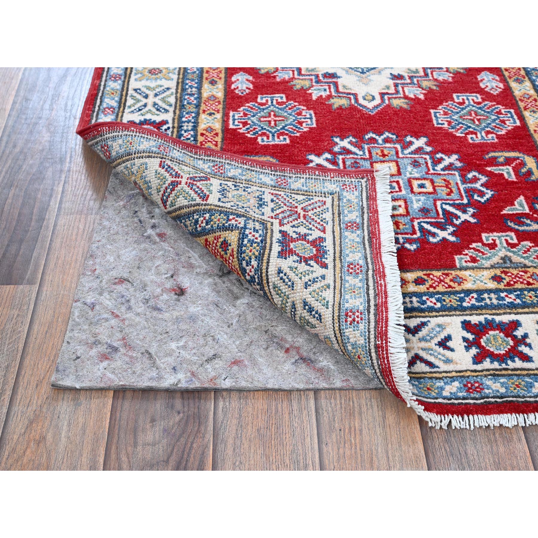2'7"x6'5" Chili Red, Kazak with Geometric Medallions Design, Soft and Shiny Wool, Hand Knotted, Vegetable Dyes, Denser Weave, Runner, Oriental Rug Sh428