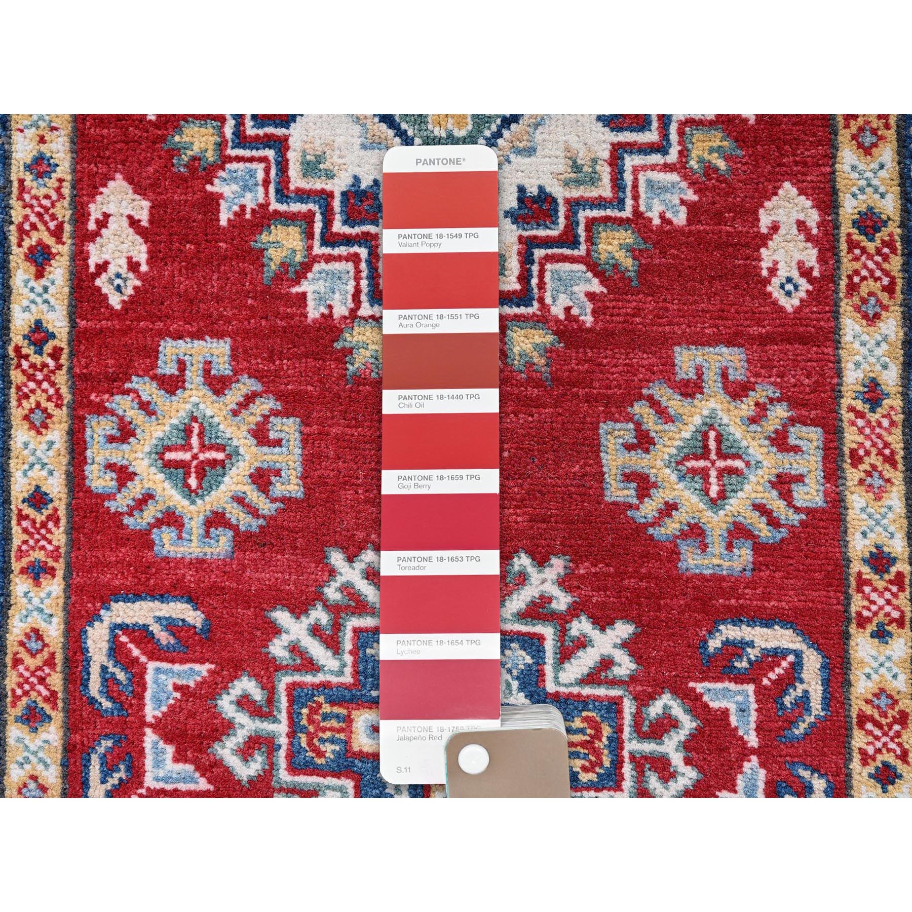 2'7"x6'5" Chili Red, Kazak with Geometric Medallions Design, Soft and Shiny Wool, Hand Knotted, Vegetable Dyes, Denser Weave, Runner, Oriental Rug Sh428