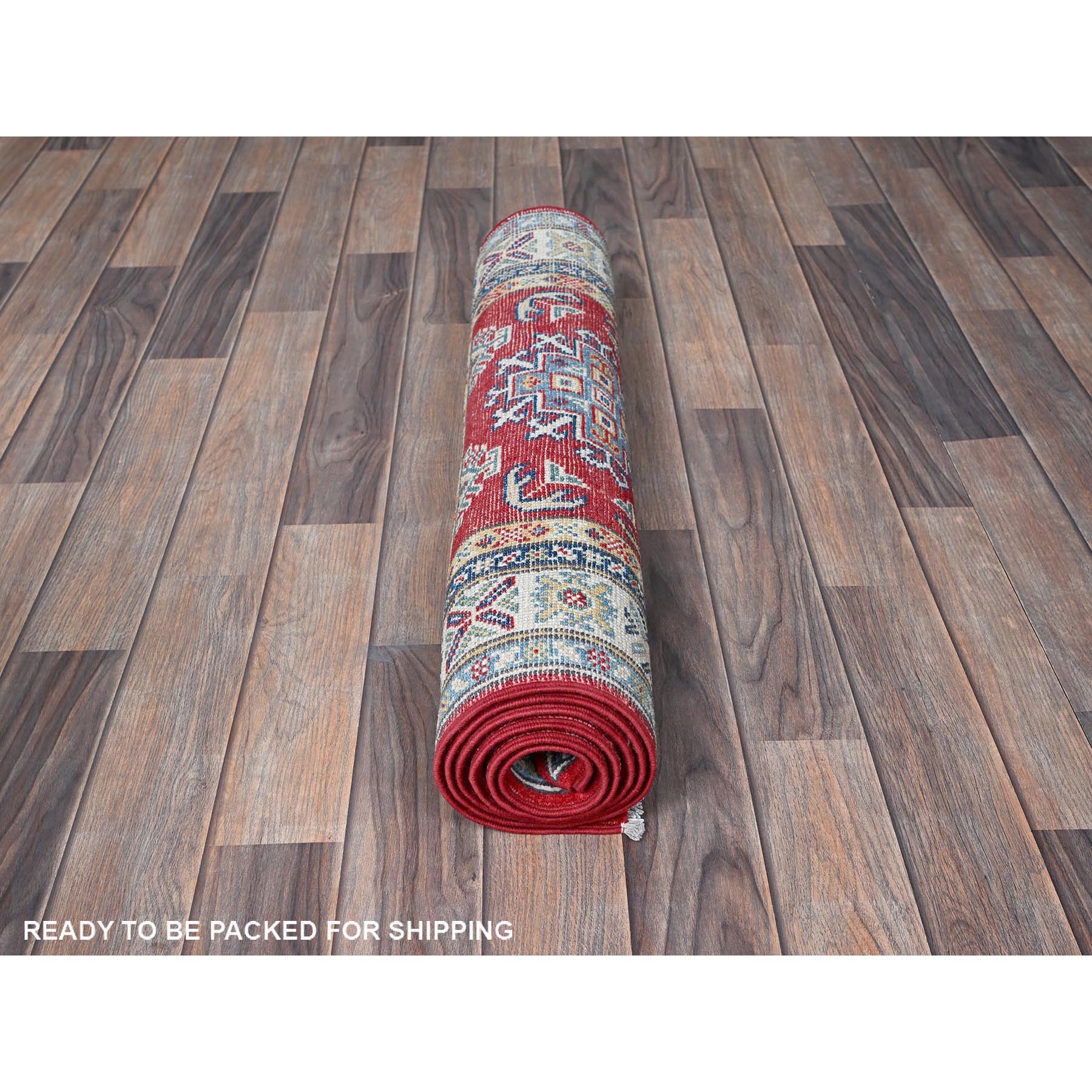 2'7"x6'5" Chili Red, Kazak with Geometric Medallions Design, Soft and Shiny Wool, Hand Knotted, Vegetable Dyes, Denser Weave, Runner, Oriental Rug Sh428