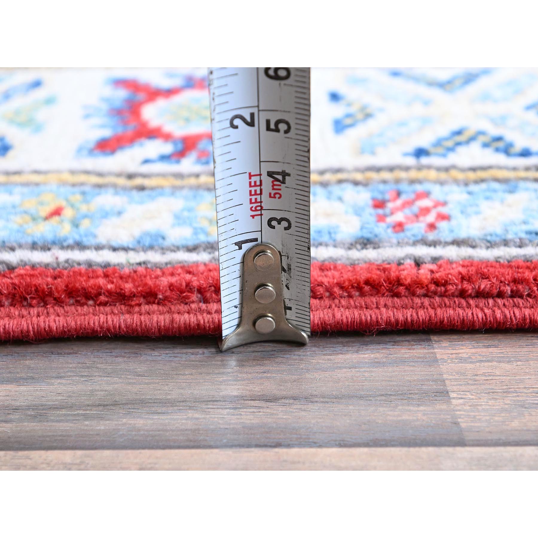 2'7"x6'5" Chili Red, Kazak with Geometric Medallions Design, Soft and Shiny Wool, Hand Knotted, Vegetable Dyes, Denser Weave, Runner, Oriental Rug Sh428