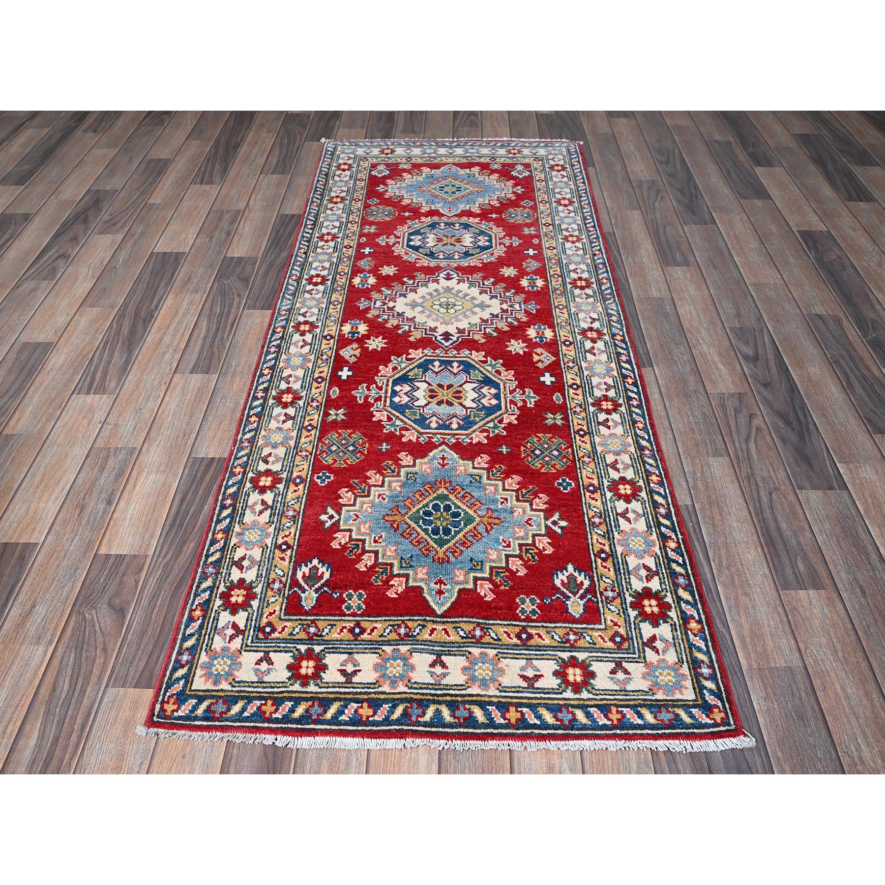2'9"x6'8" Angels Red, Kazak with Tribal Medallions Design, Hand Knotted, Soft and Shiny Wool, Vegetable Dyes, Denser Weave, Runner, Oriental Rug Sh430