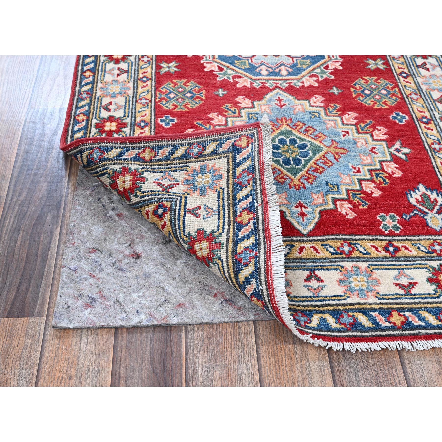 2'9"x6'8" Angels Red, Kazak with Tribal Medallions Design, Hand Knotted, Soft and Shiny Wool, Vegetable Dyes, Denser Weave, Runner, Oriental Rug Sh430
