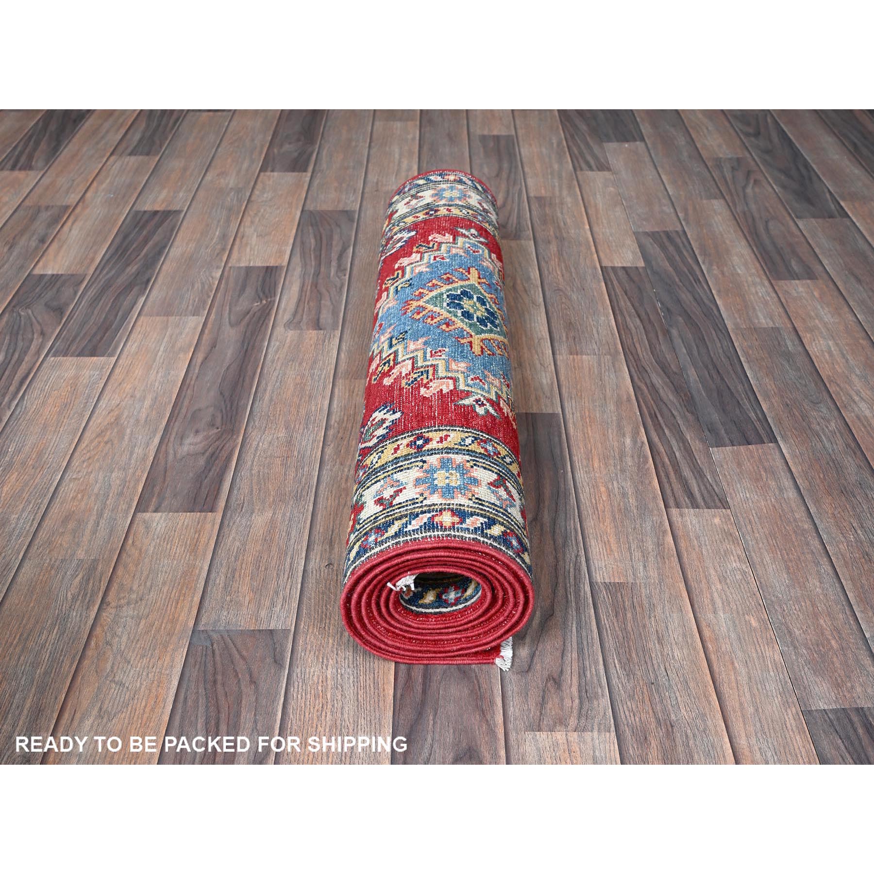 2'9"x6'8" Angels Red, Kazak with Tribal Medallions Design, Hand Knotted, Soft and Shiny Wool, Vegetable Dyes, Denser Weave, Runner, Oriental Rug Sh430