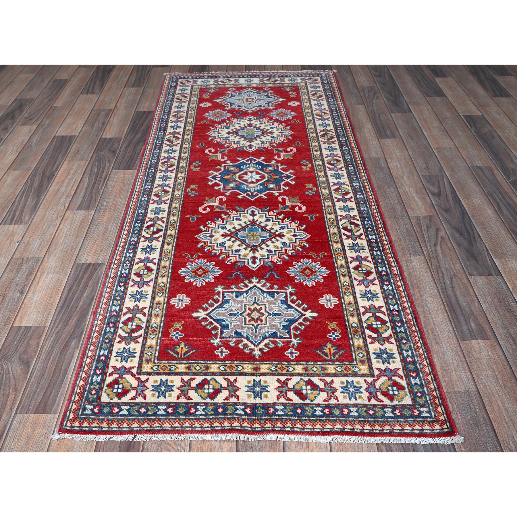 2'9"x6'3" Crimson Red, Kazak with Geometric Medallions Design, Soft and Vibrant Wool, Hand Knotted, Vegetable Dyes, Denser Weave, Runner, Oriental Rug Sh431